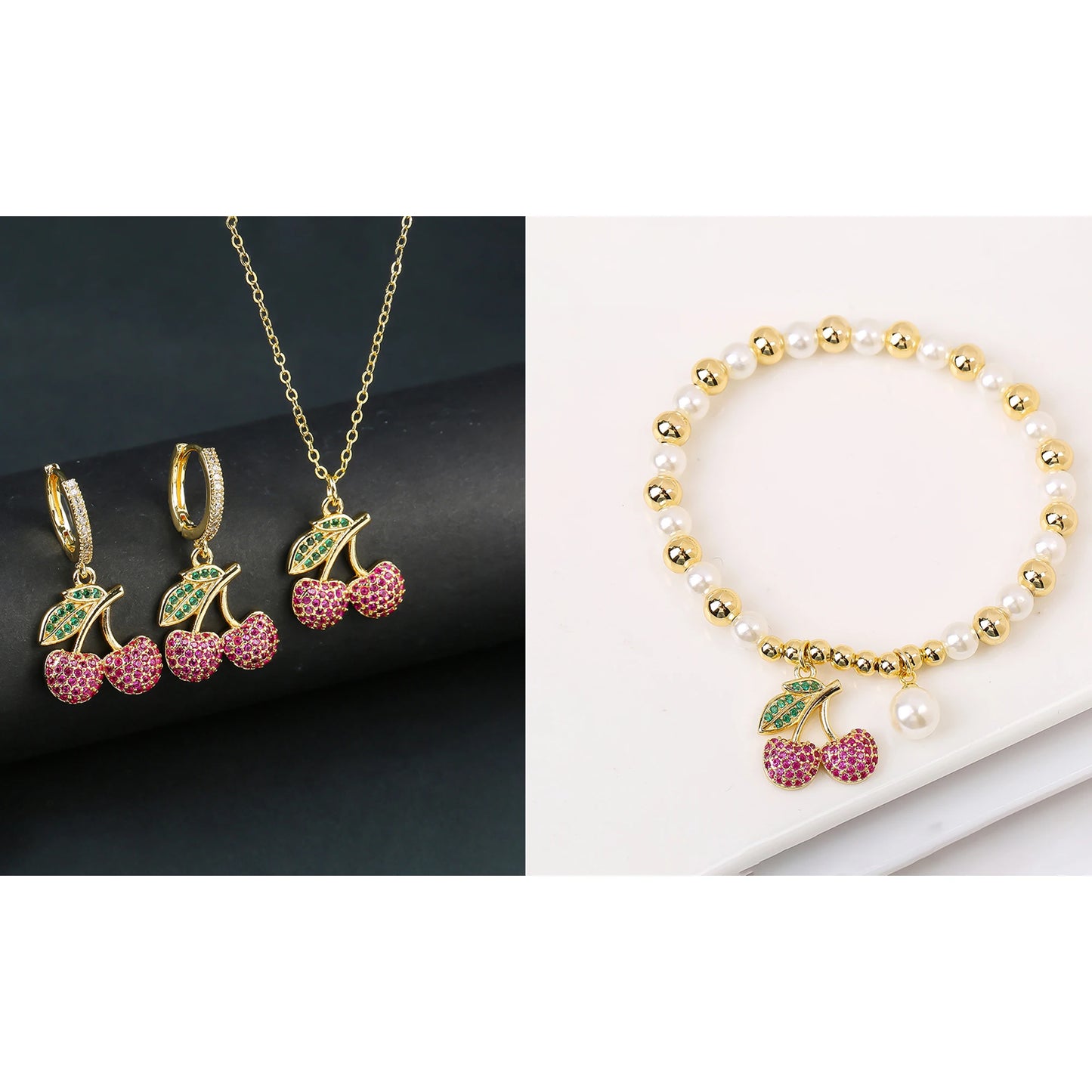 13 Style Choice 3pcs Lucky Red Cherry Crystal Fruit Bracelet Necklace Earrings Jewelry Set Luxury for Women Daily Party Jewelry