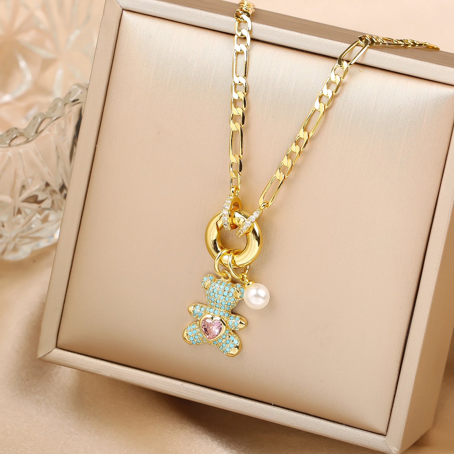 Sparkling Crystal Zirconia Animal Cute Bear Pendant Necklace Classic for Woman Girl Holiday Clavicle Chain Jewelry Casual Gifts
