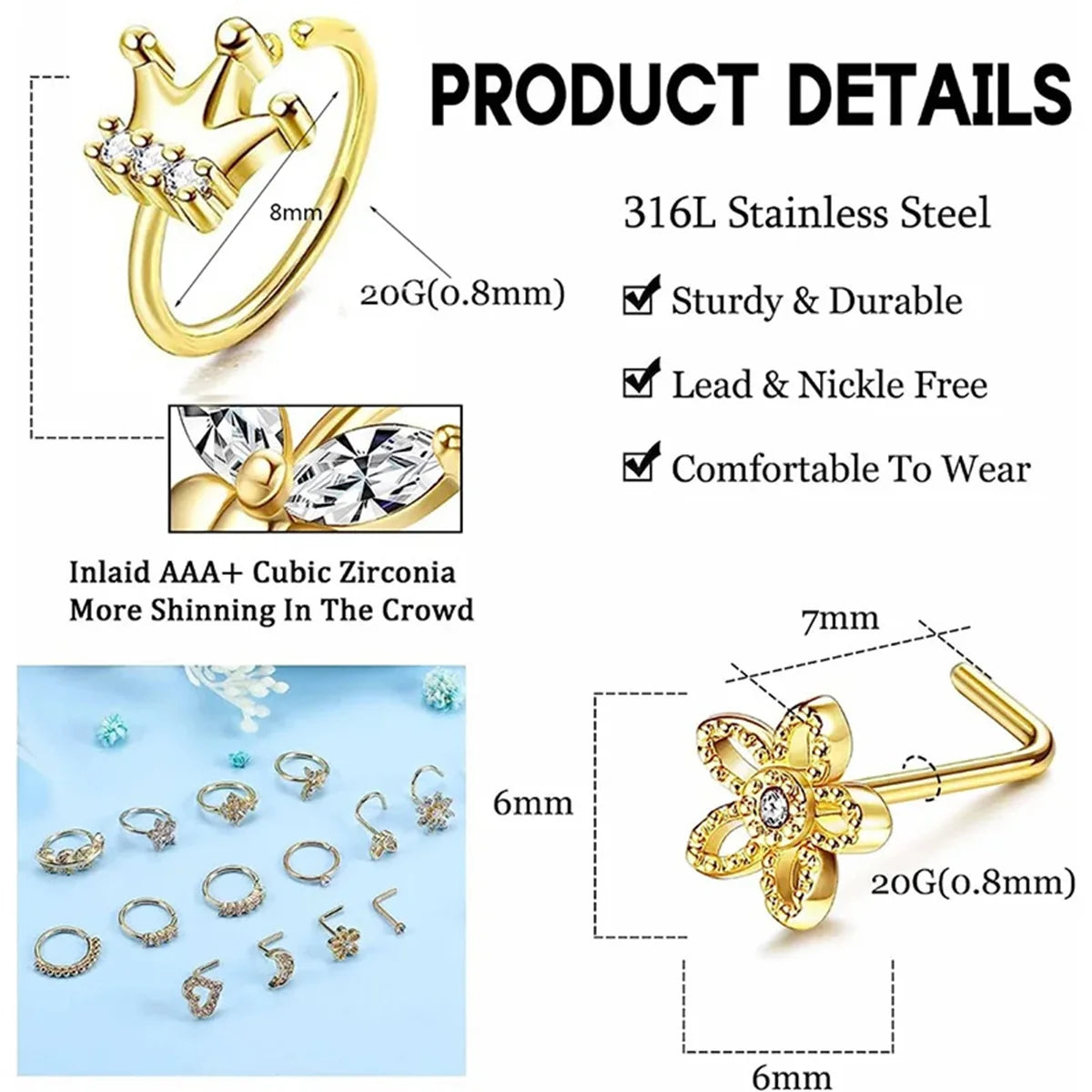 16 Pcs 20G 316 Stainless Steel Hypoallergenic Nose Studs Set