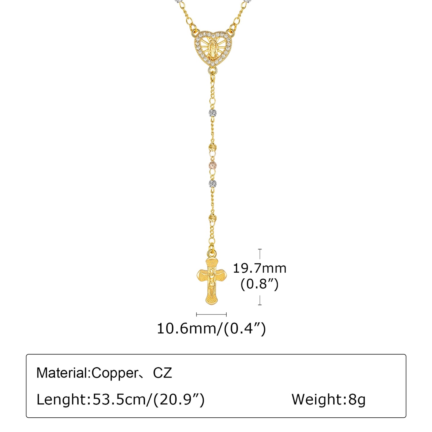 Zirconia Heart Virgin Mary Rosary Bead Cross Necklace for Women, Long Chain Cross Pendant Christian Catholic Religious Jewelry