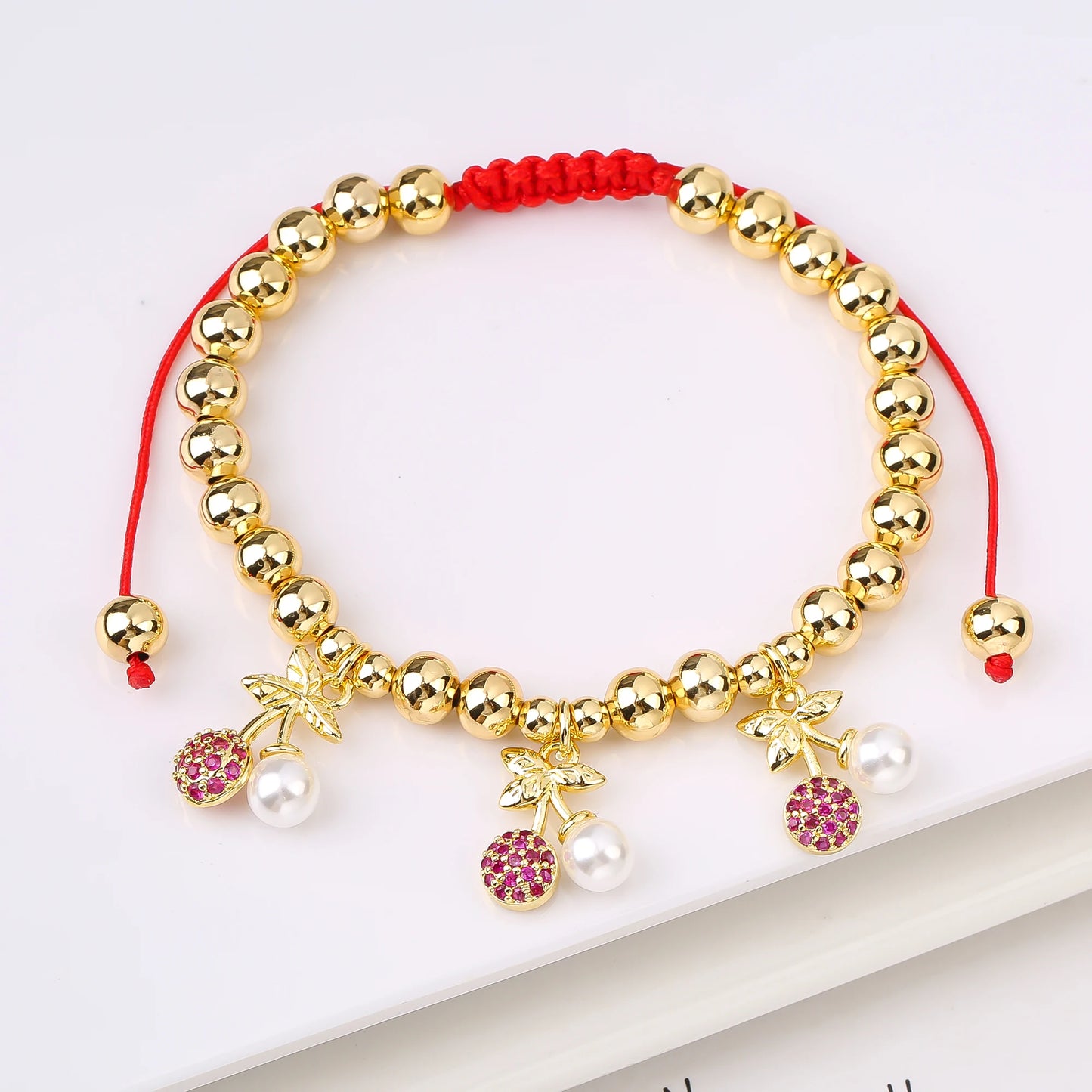 Gold Plated 6mm Copper Bead Chain Braided Fruit Cherry Crystal Adjustable Bracelet New Fashion Woman Girl Daily Wear Jewelry