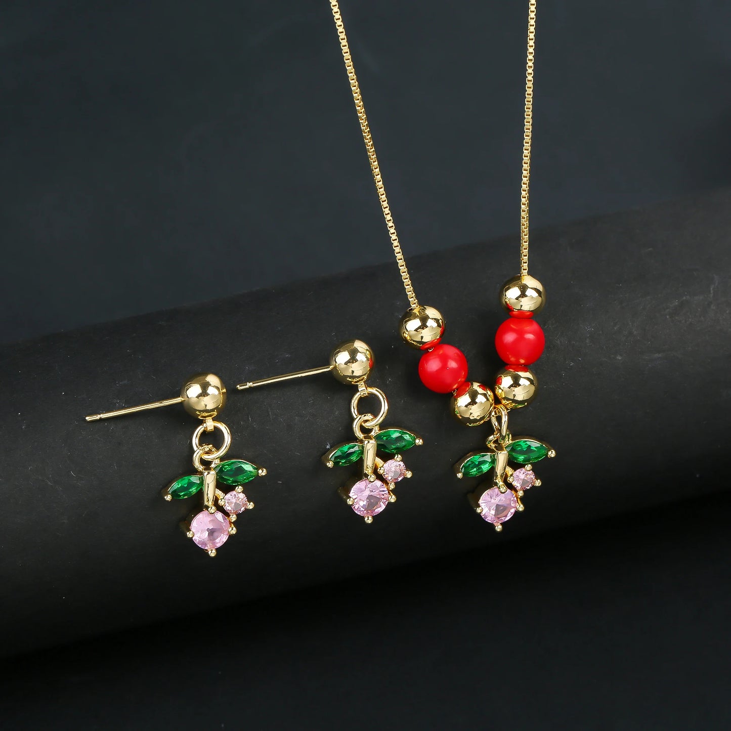 2pcs 22 Style Fashion Fruit Cherry Zircon Crystal Jewelry Set Earrings Necklace For Women Female New Trend Party Jewelry Gift