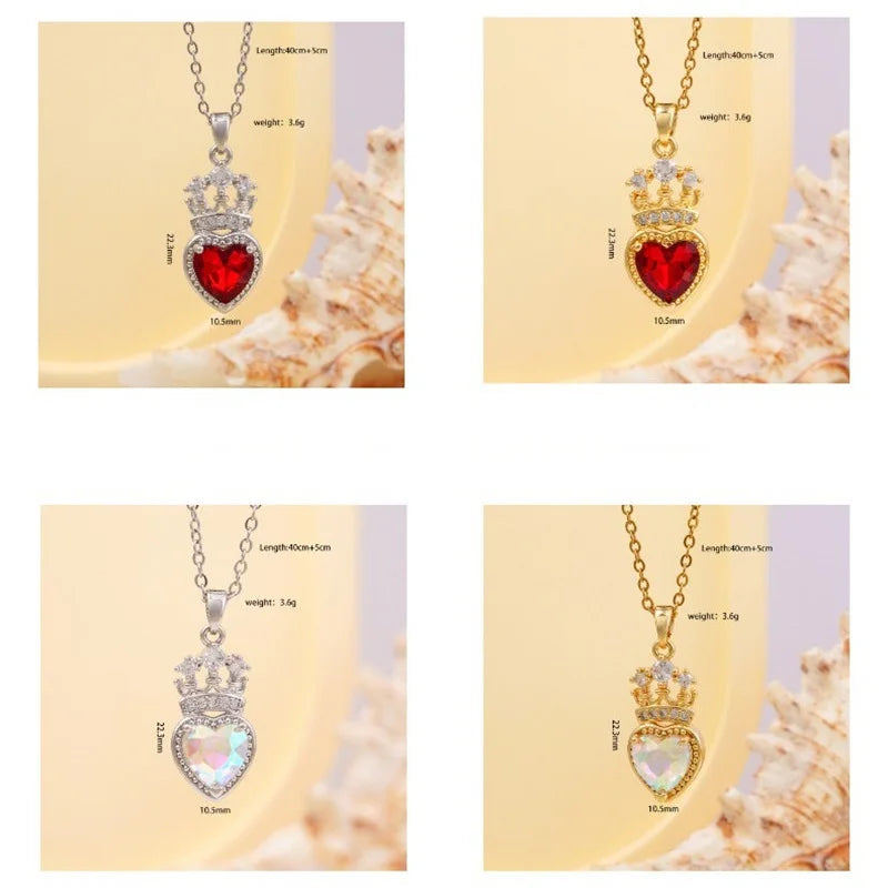 High Grade Crown Heart Zircon Pendant Necklace Stainless Steel Chains Geometric Choker Jewelry Party Gifts For Women Girls