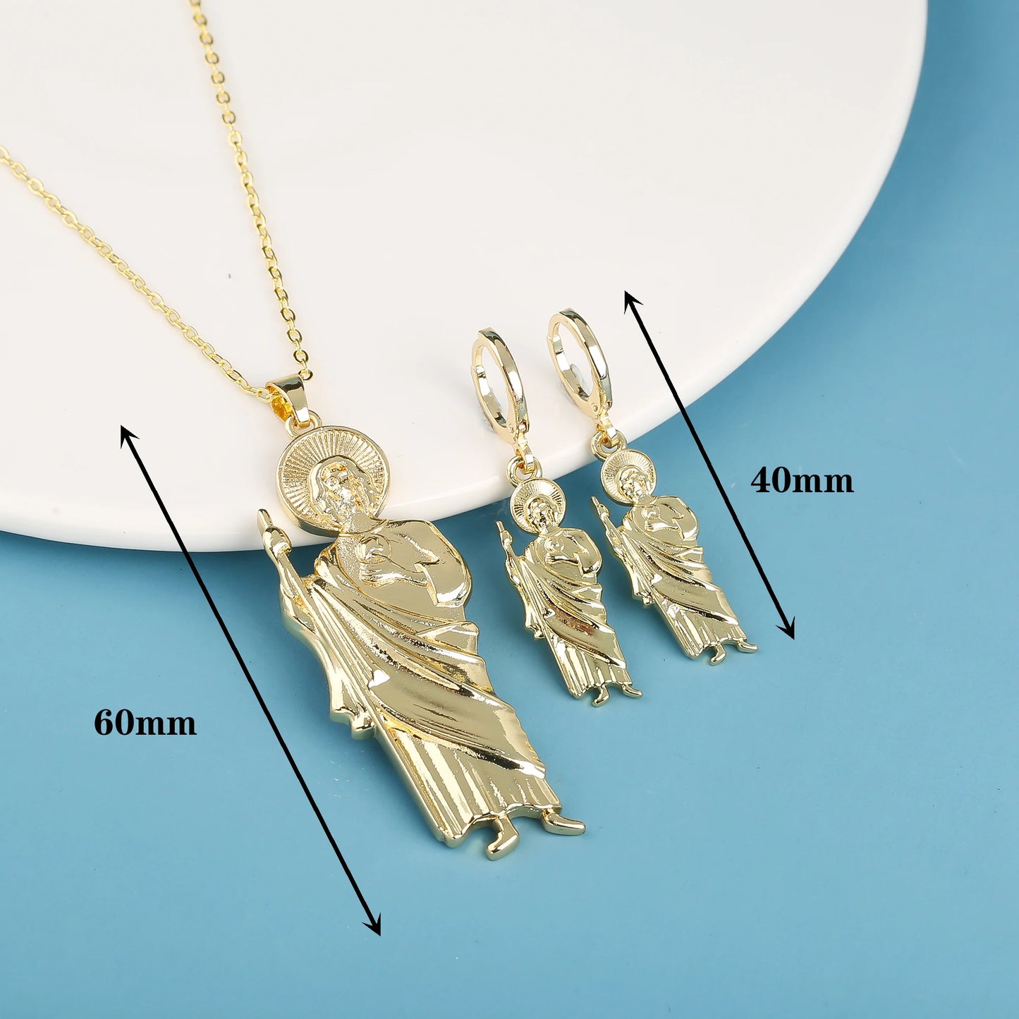 18K Gold Plated Religious Figures St. Jude Necklace Earrings Jewelry Set Simple for Woman Christian Catholic Jewelry Daily Wear