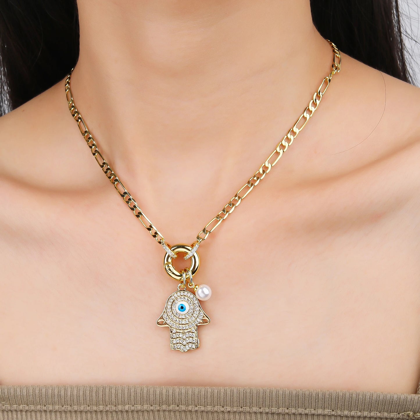 Punk Style Full Zirconiac Evil Eye Palm Pearl Pendant Necklace Luxury For Man Woman Daily Wear Clavicle Chain Jewelry Party Gift