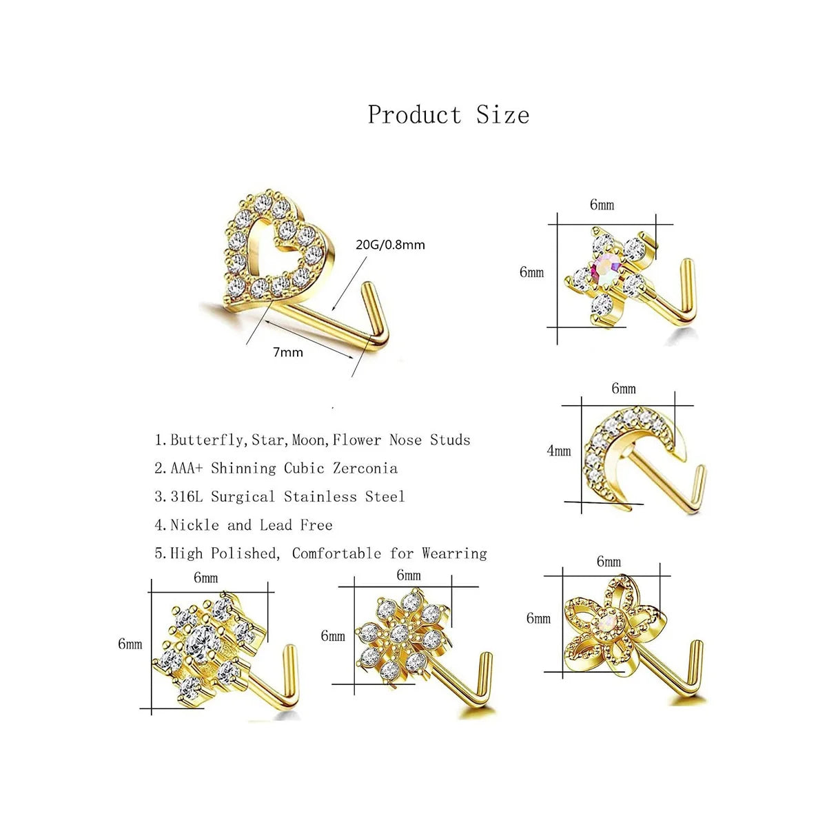 6Pcs 20G Stainless Steel Flower Heart Star-shaped Nose Rings