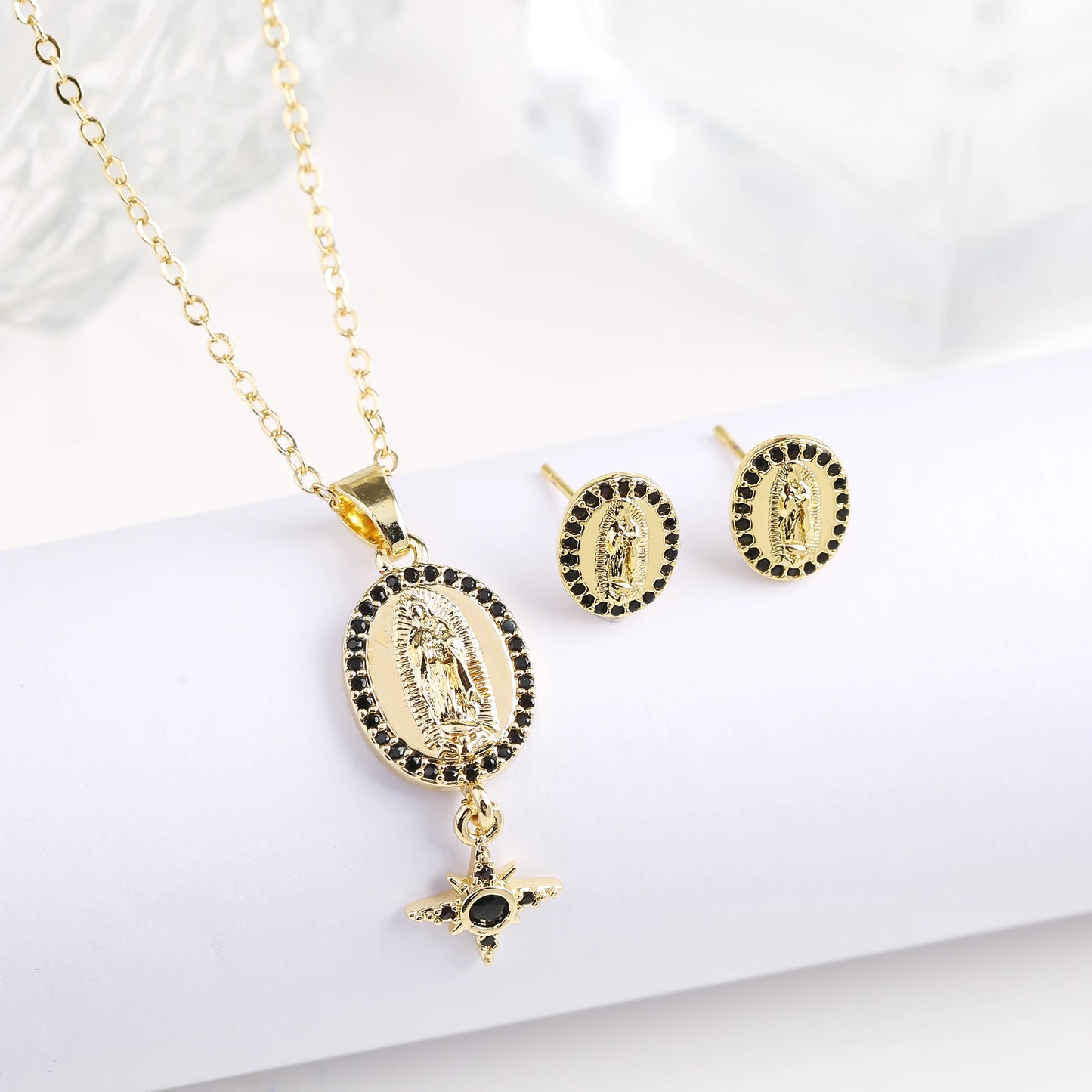 New Trendy Creative Oval St. Jude Zirconia Jewelry Set Necklace Earrings Classic for Religious Jewelry Accessories For Men Women