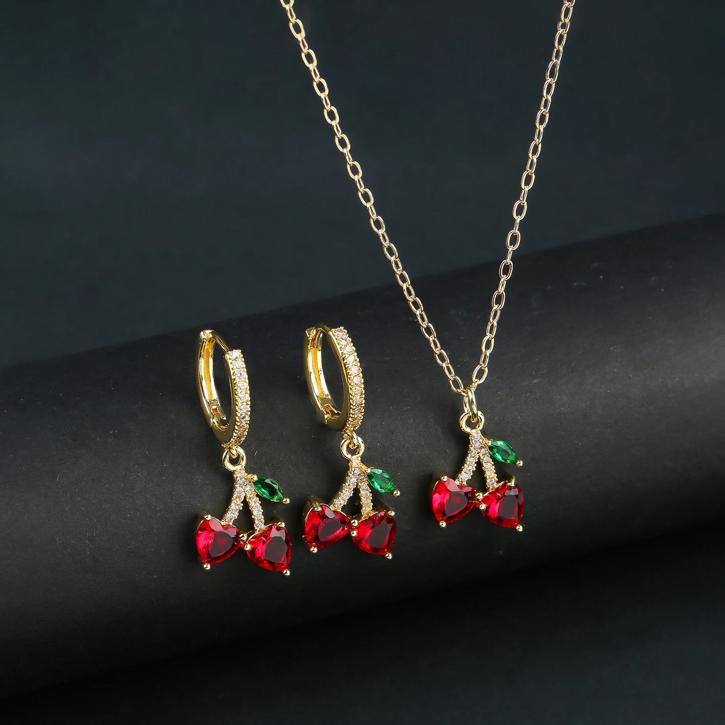 Light Luxury Crystal Zirconia Red Cherry Jewelry Set Earrings Necklace for Women Girls Sweet Jewelry Accessories Party Gifts