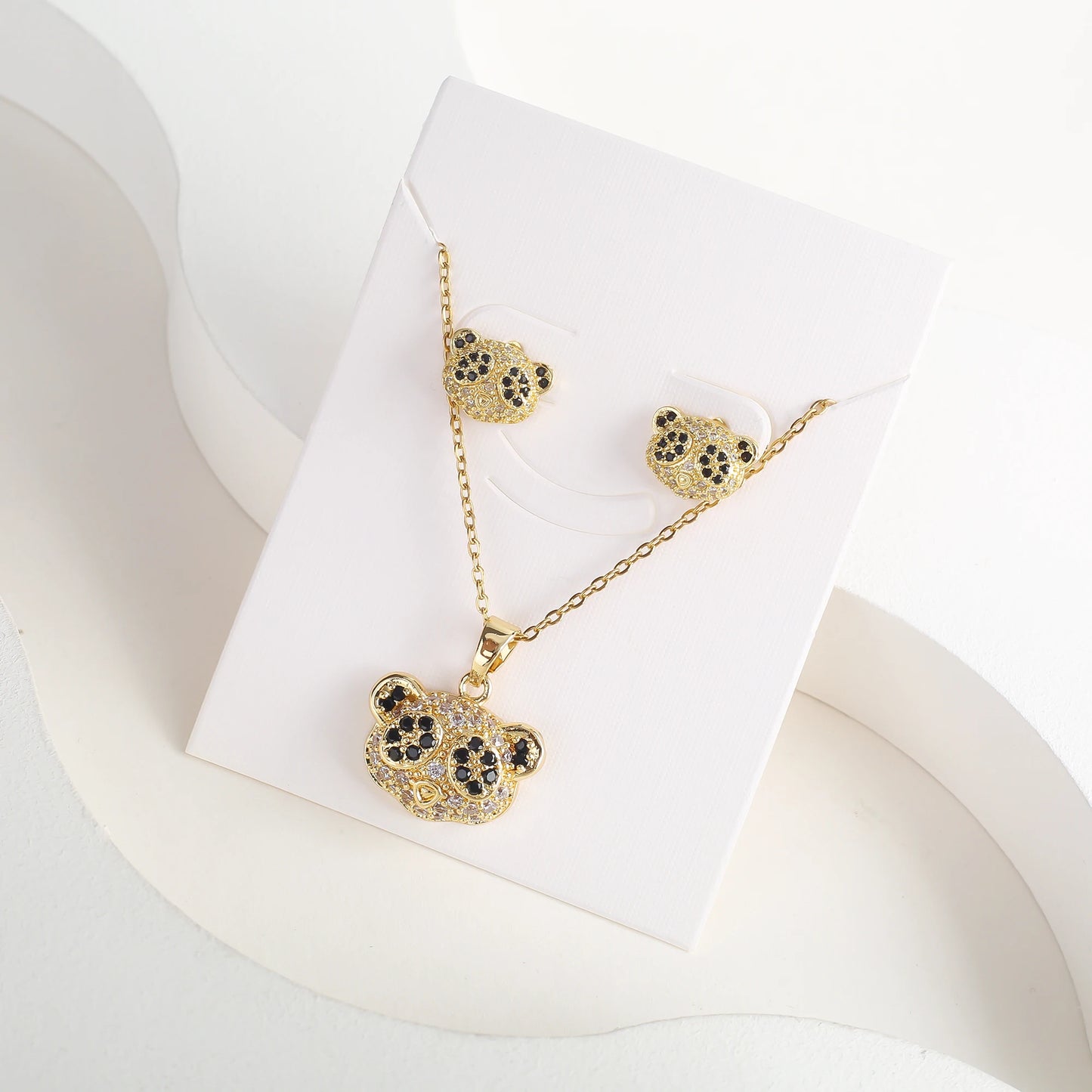New Cute Zirconia Animal Bear Dolphin Leopard Dog Pendant Necklace Set Girls Anti-Allergy Earrings Holiday Party Gift Wholesale