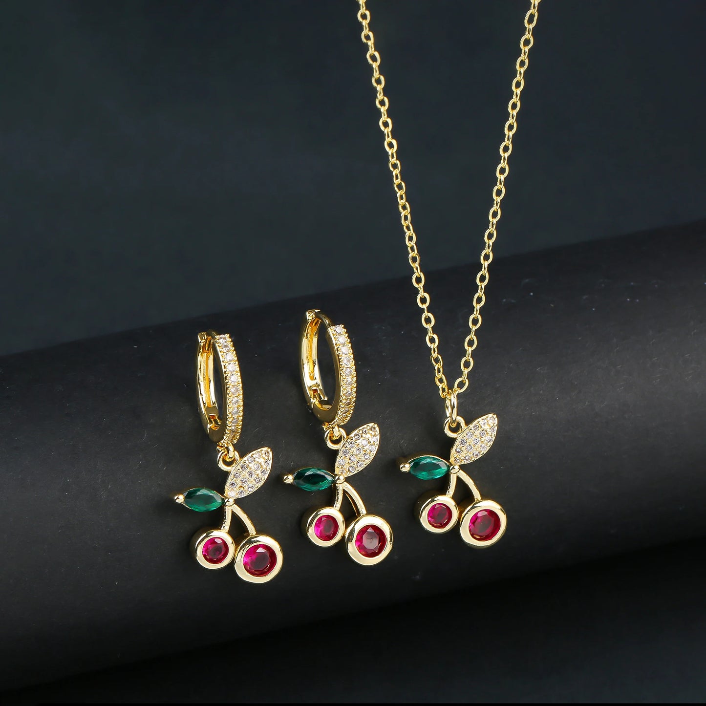 Light Luxury Crystal Zirconia Red Cherry Jewelry Set Earrings Necklace for Women Girls Sweet Jewelry Accessories Party Gifts