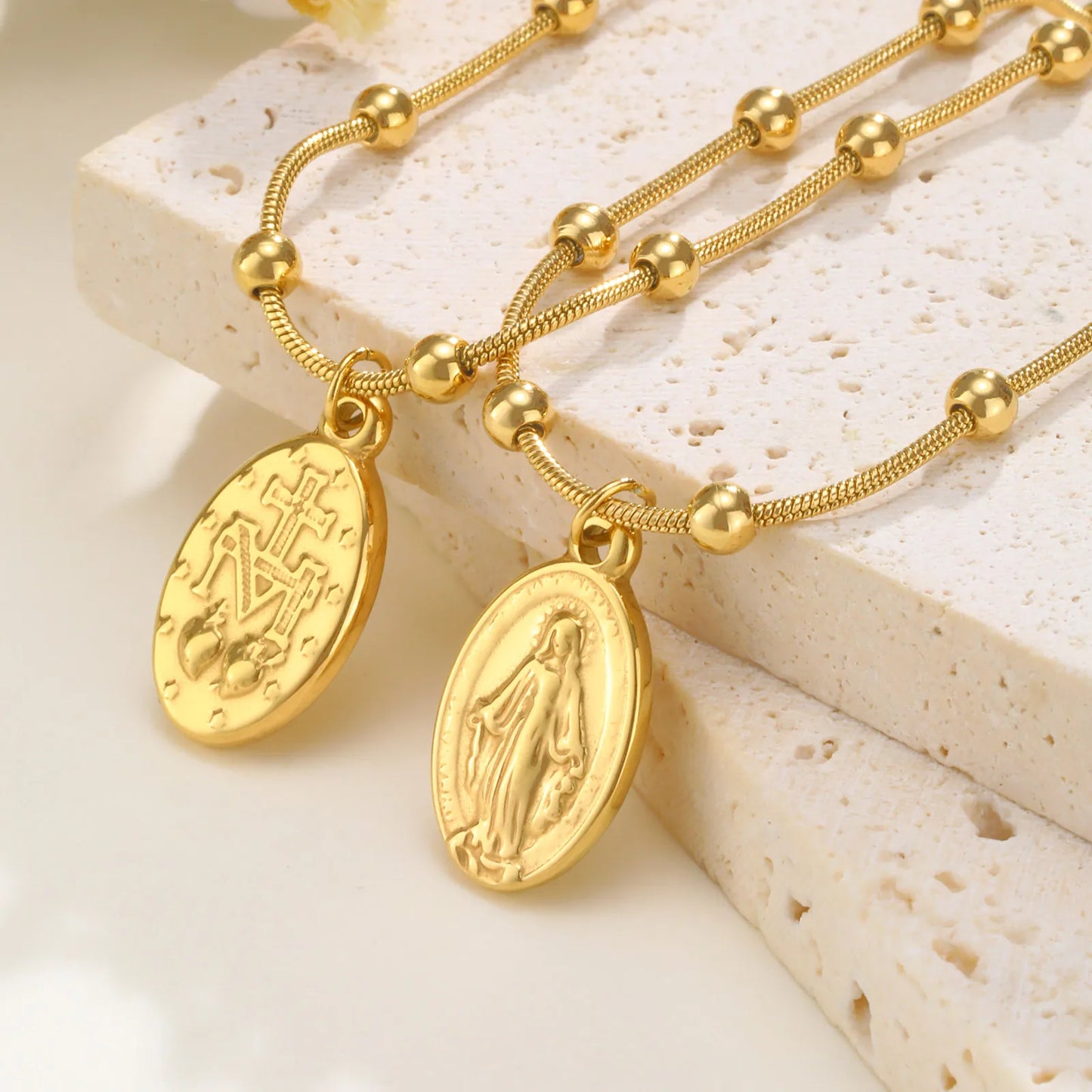 Holy Virgin Rosary Necklace for Women,Stainless Steel Bead Snake Chain Necklaces,Classic Religion Jewelry Gift