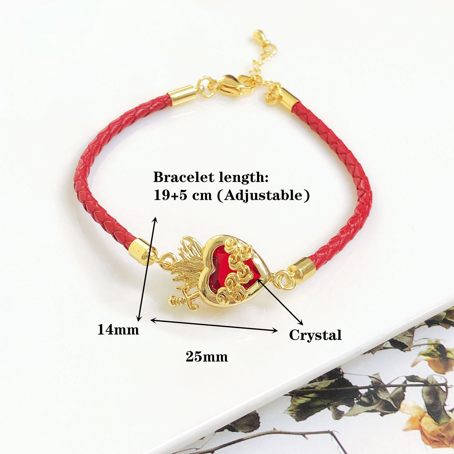 New Arrival Red Heart-Shaped Crystal Gold-Plated Flower Leaf Leather Bracelet Luxury For Women Girls Travel Vacation Jewelry