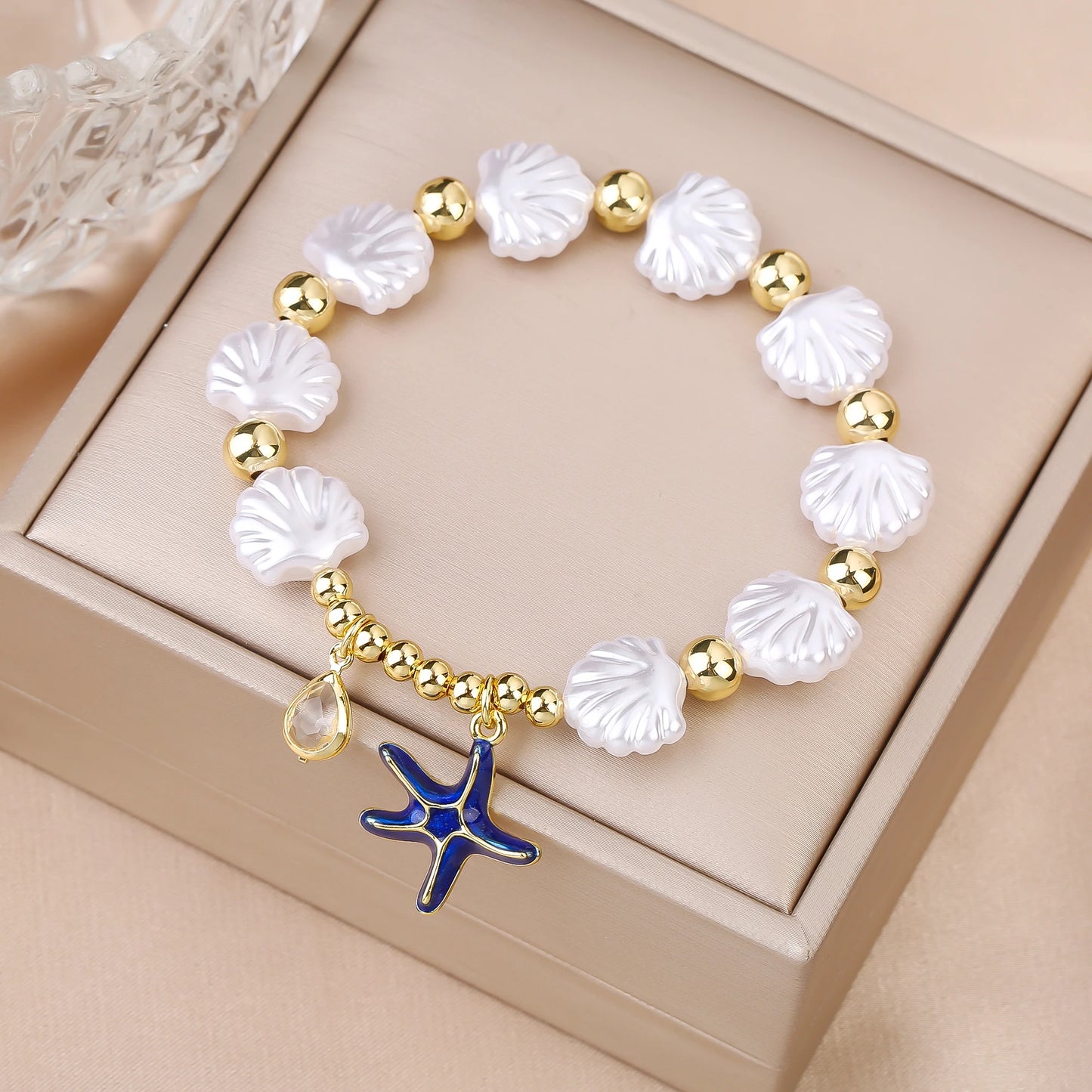 Hot Sale White Shell Woven Starfish Pendant Gold Plated Copper Bead Bracelet Luxury for Woman Girl New Trend Party Jewelry