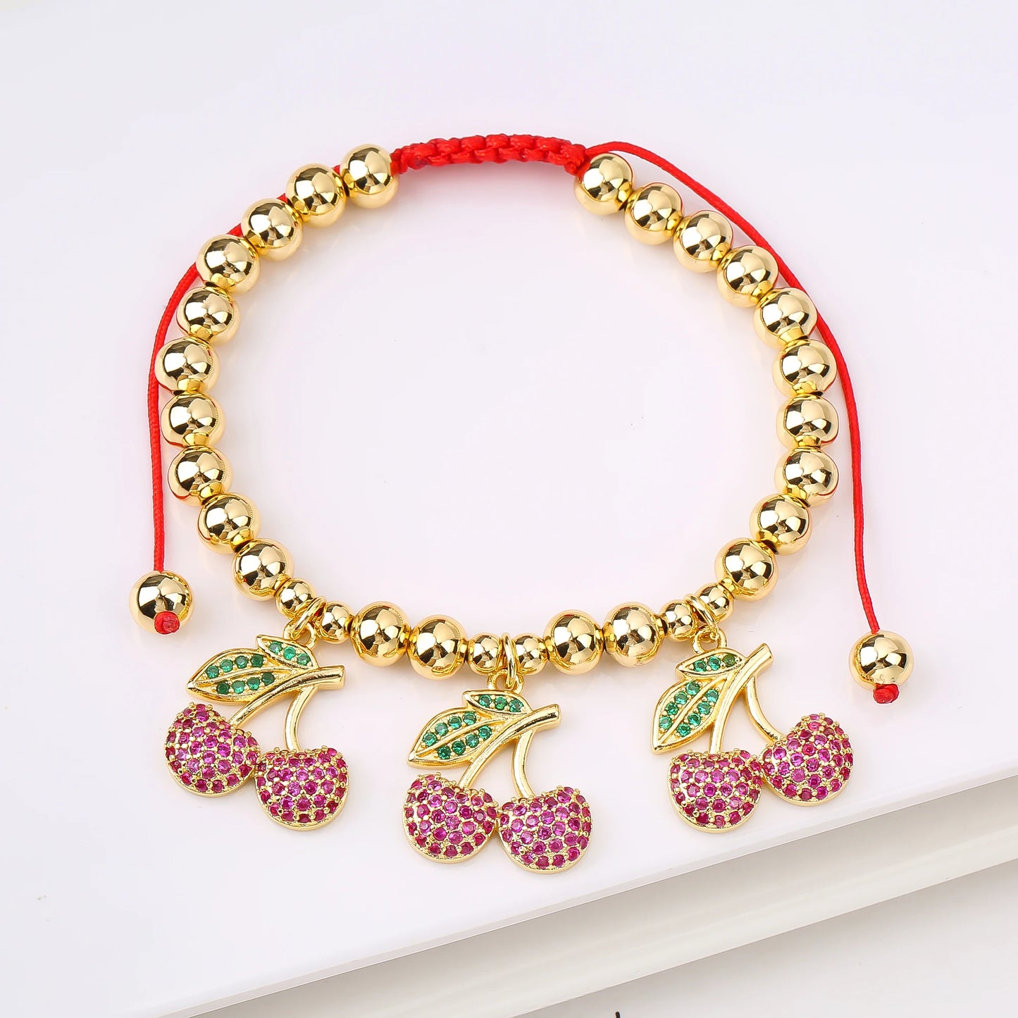 Gold Plated 6mm Copper Bead Chain Braided Fruit Cherry Crystal Adjustable Bracelet New Fashion Woman Girl Daily Wear Jewelry