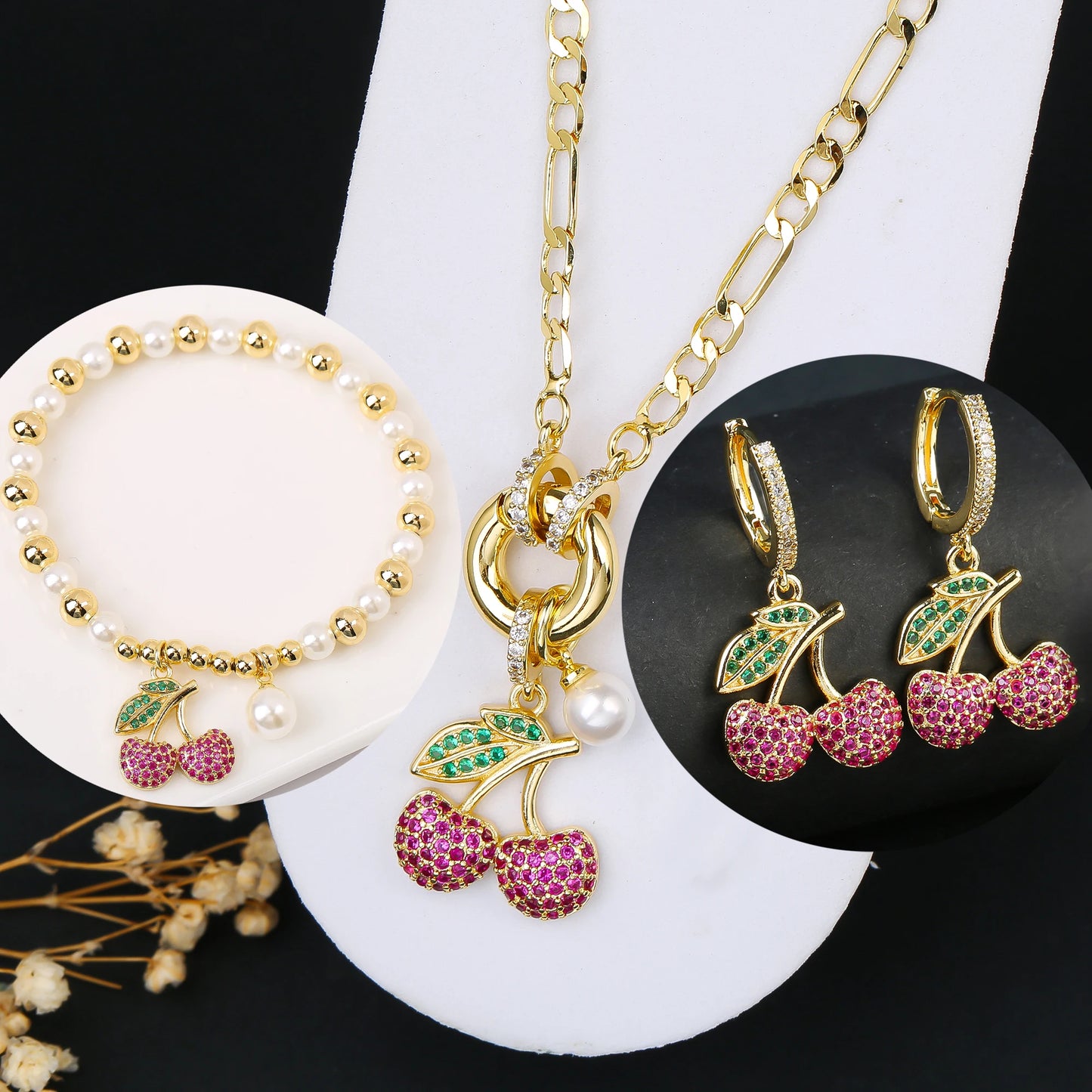 3pcs Hot Sale Shiny Zirconia Crystal Cherry Necklace Bracelet Earrings Jewelry Set Fashion for Woman Girl Wedding Lucky Jewelry