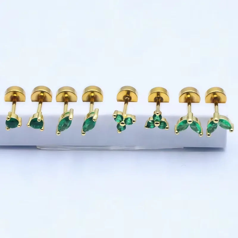 2Pcs Delicate Hypoallergenicity 18K Gold Green Gemstone Flat Back Earrings for Women Girls,Fashion Small Hoop Earrings Jewelry