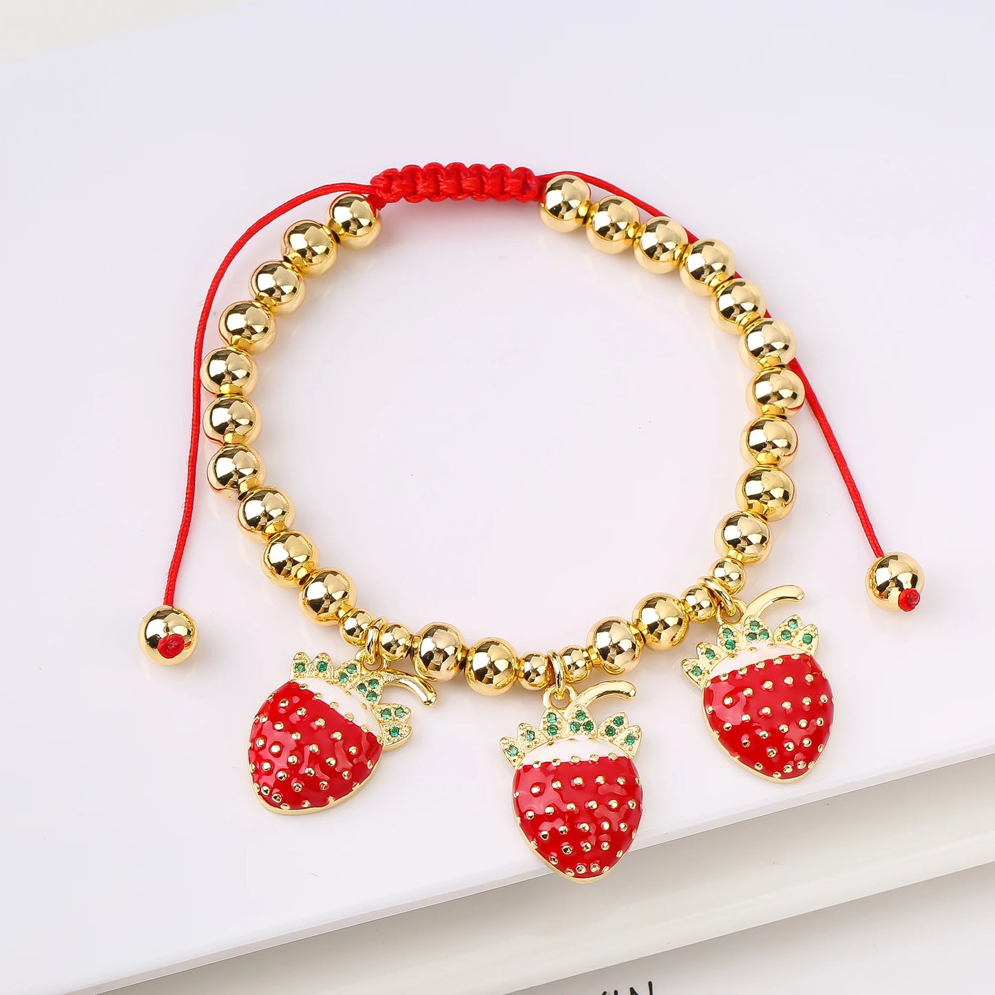Gold Plated 6mm Copper Bead Chain Braided Fruit Cherry Crystal Adjustable Bracelet New Fashion Woman Girl Daily Wear Jewelry