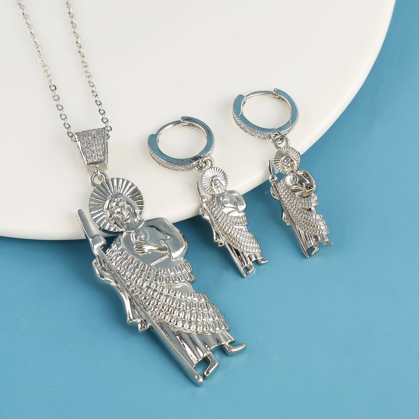 18K Gold Plated Religious Figures St. Jude Necklace Earrings Jewelry Set Simple for Woman Christian Catholic Jewelry Daily Wear