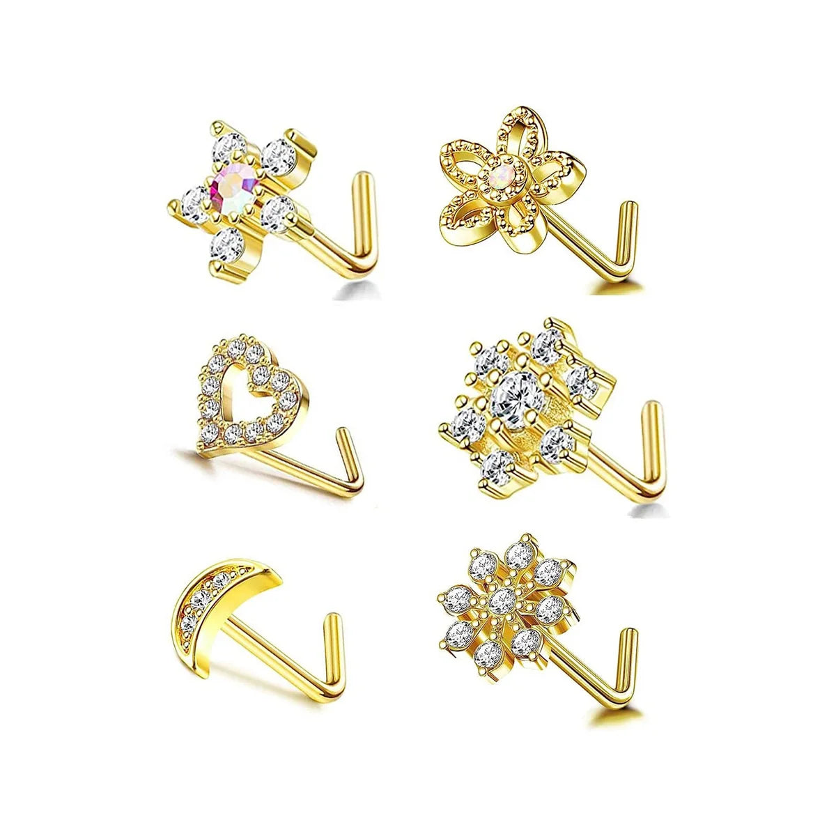 6Pcs 20G Stainless Steel Flower Heart Star-shaped Nose Rings