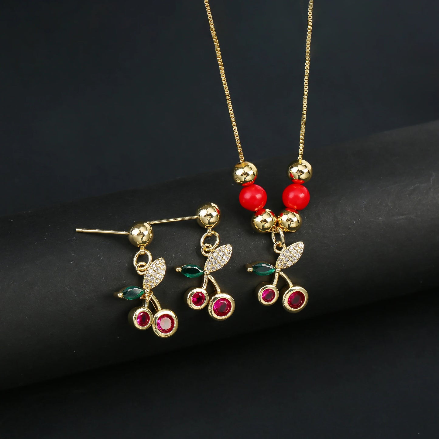 2pcs 22 Style Fashion Fruit Cherry Zircon Crystal Jewelry Set Earrings Necklace For Women Female New Trend Party Jewelry Gift