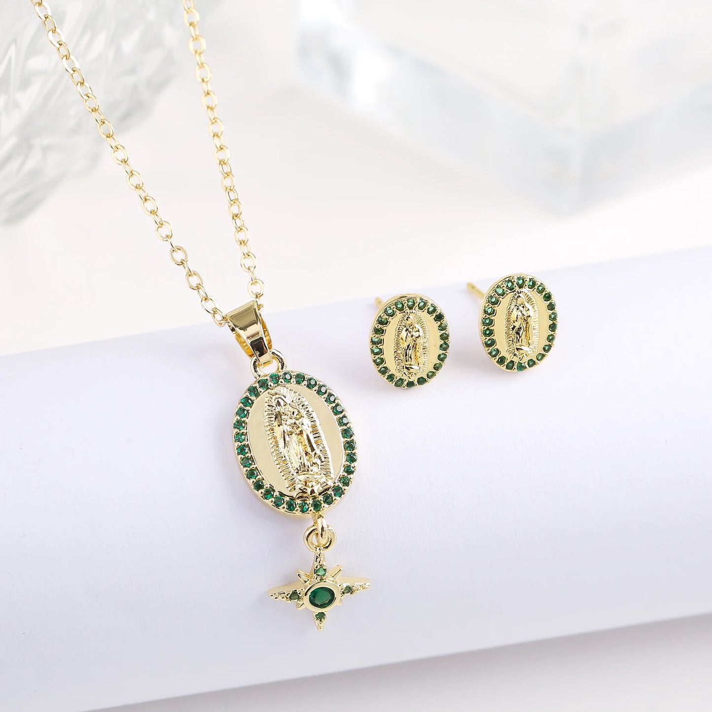 New Trendy Creative Oval St. Jude Zirconia Jewelry Set Necklace Earrings Classic for Religious Jewelry Accessories For Men Women