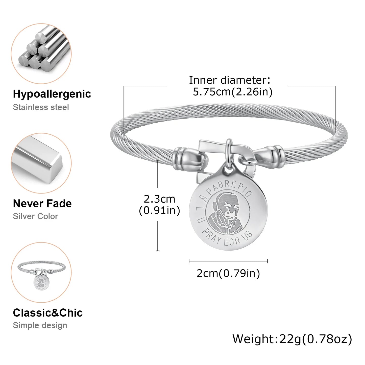 Prjewel Unique Stainless Steel Bracelets For Women Padre Pio Catholic Saint Round Accessory Bangles Religious Jewelry Set Gifts