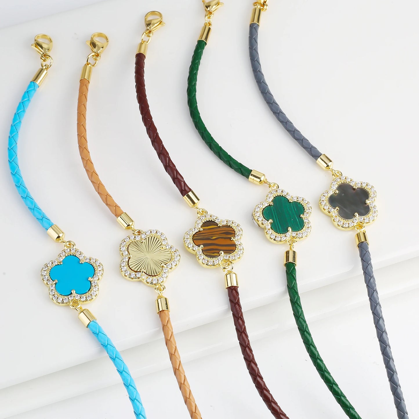 INS Hot Sale Shiny Zirconia Five-Leaf Flower Leather Adjustable Bracelet Classic Stone Plumeria Bracelet For Woman Jewelry Gift