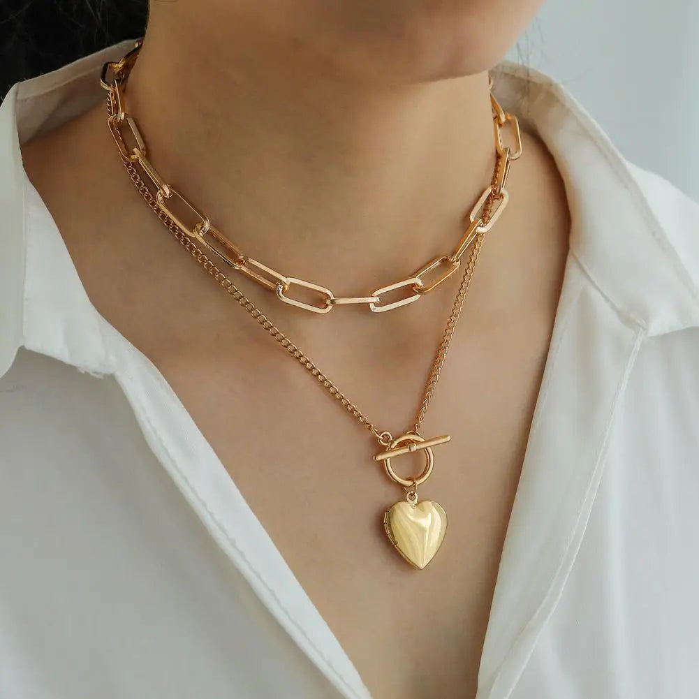 Alloy Pendant Necklace Love Heart Pendant Fashion Women Chunky Chain Necklace OT Buckle for Gift for Party Wedding Travel