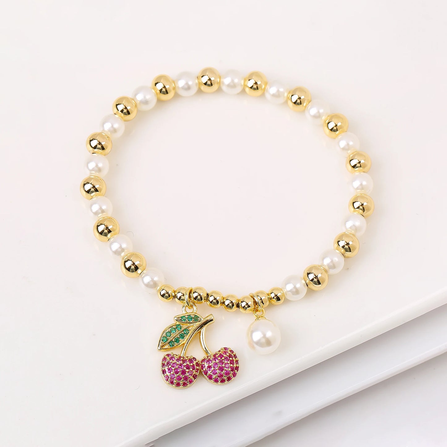 Trendy Crystal Cherry Shape Heart Copper Beads Chain Pearls Bracelet For Women 15 Styles Choice Daily Versatile Jewelry Gift