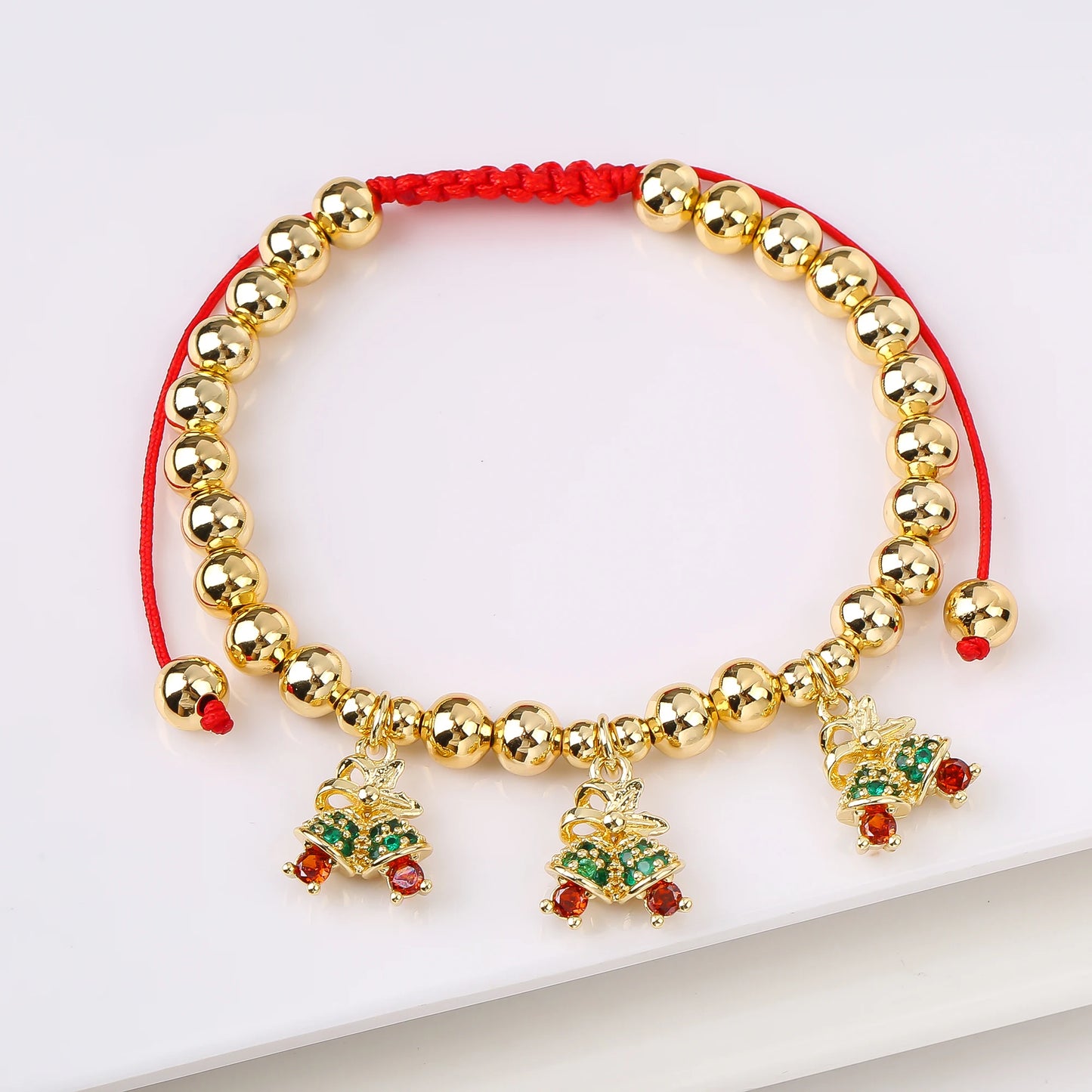 Gold Plated 6mm Copper Bead Chain Braided Fruit Cherry Crystal Adjustable Bracelet New Fashion Woman Girl Daily Wear Jewelry