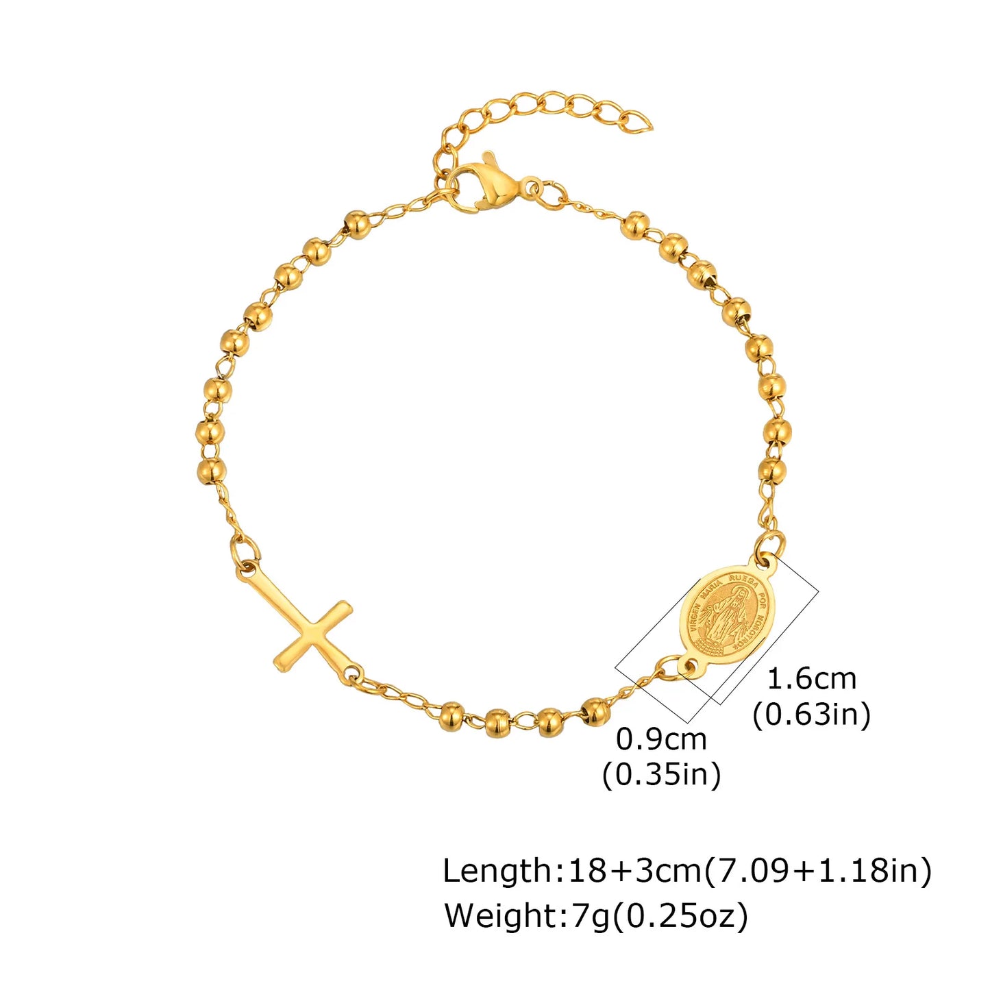 Vnox Stainless Steel Beaded Virgin Mary Bracelet,Charm Rosary Cross Chain Bracelet For Women,Religion Christ Three Color Jewelry