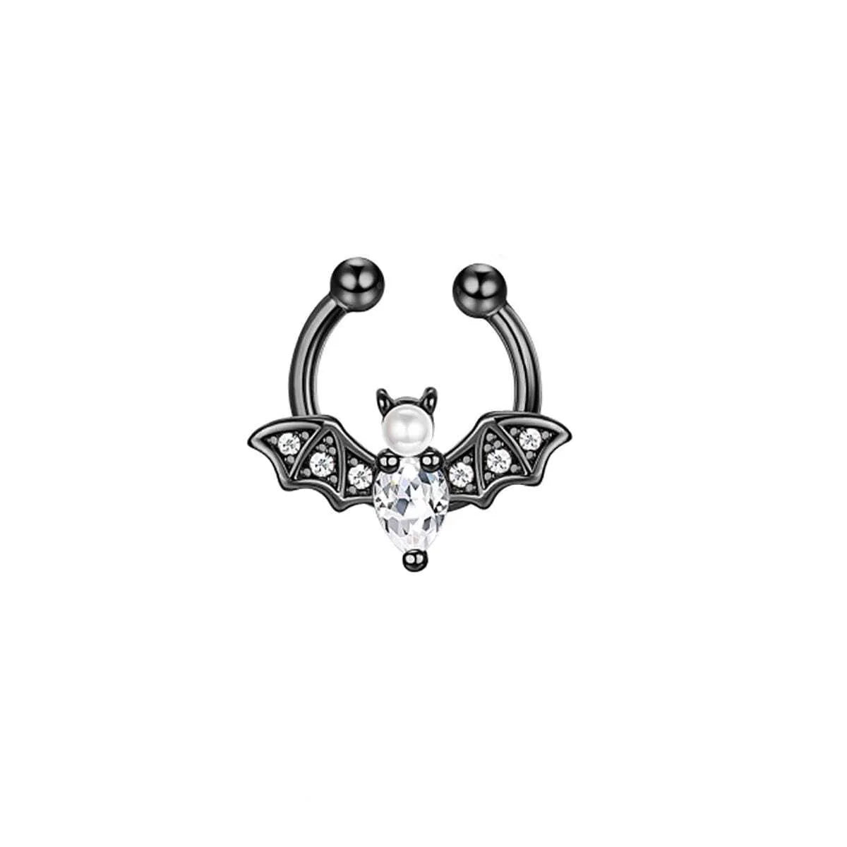 1Pc Fashion Cute Halloween Bat Fake Septum Nose Rings, Clip On Pearl Bat Septum Rings Cubic Zirconia Non Piercing Septum Jewelry