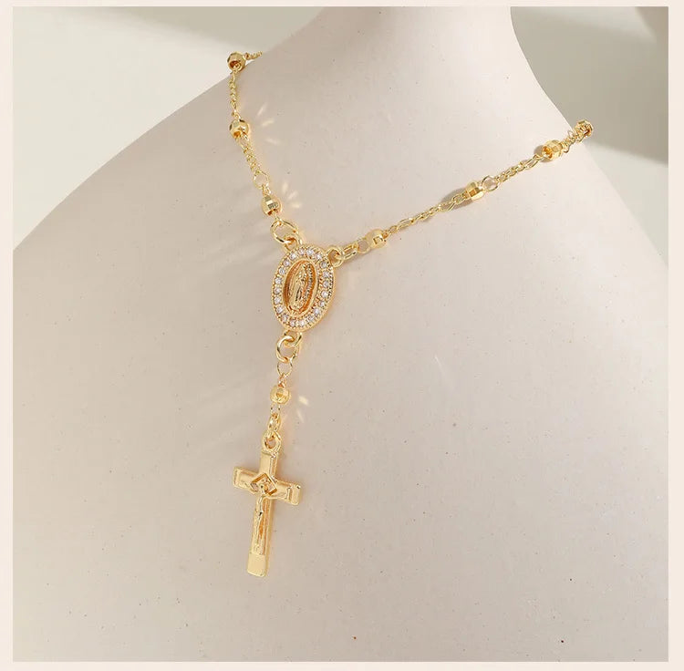 Catholic Cubic Zirconia Rosary Cross Beaded Link Bracelets, Oval Jesus Coss Jewelry, Religion Gold Plated Bracelet