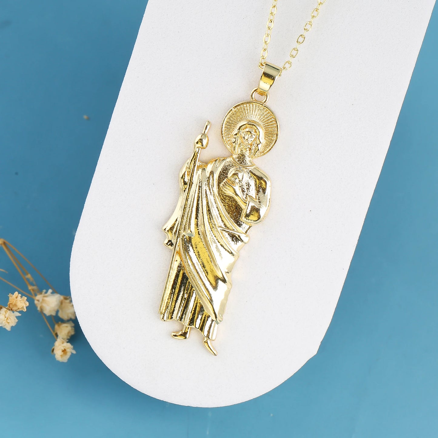 18K Gold Plated Religious Figures St. Jude Necklace Earrings Jewelry Set Simple for Woman Christian Catholic Jewelry Daily Wear