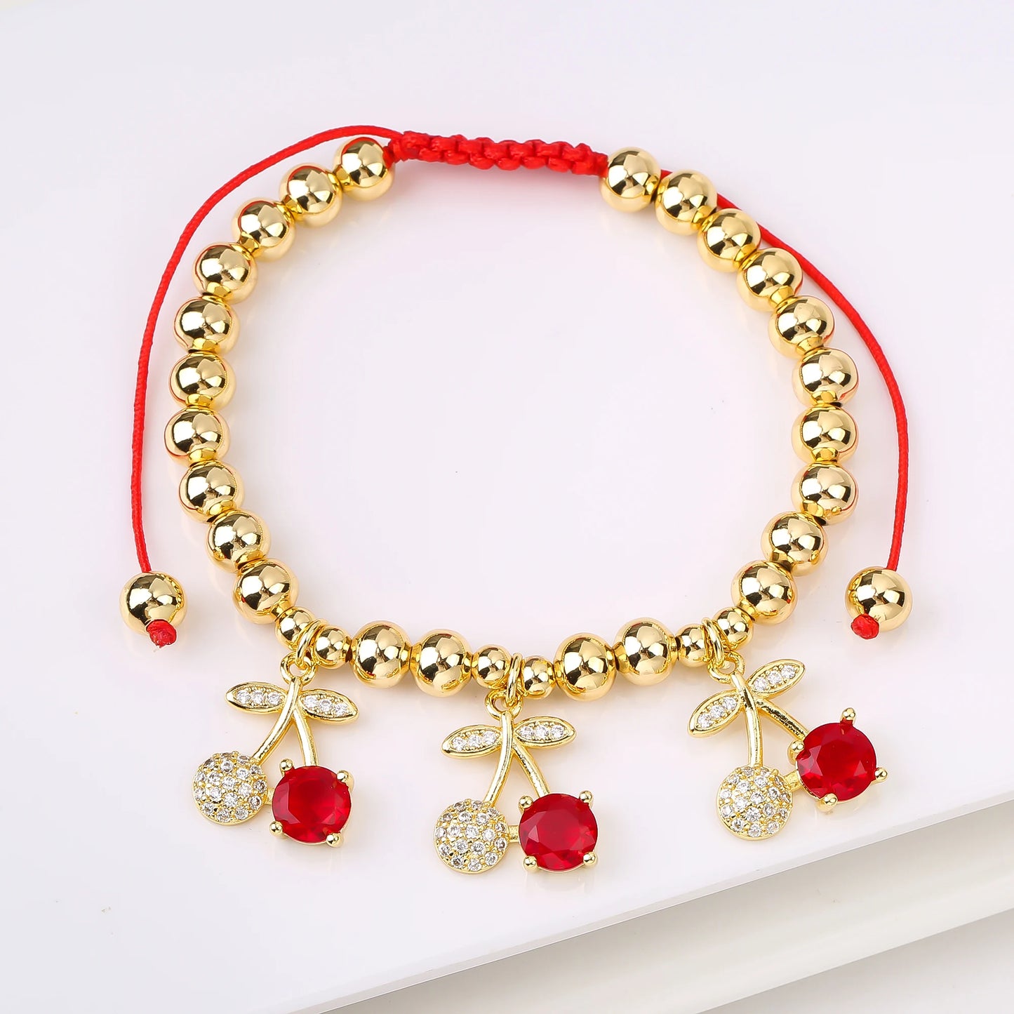 Gold Plated 6mm Copper Bead Chain Braided Fruit Cherry Crystal Adjustable Bracelet New Fashion Woman Girl Daily Wear Jewelry