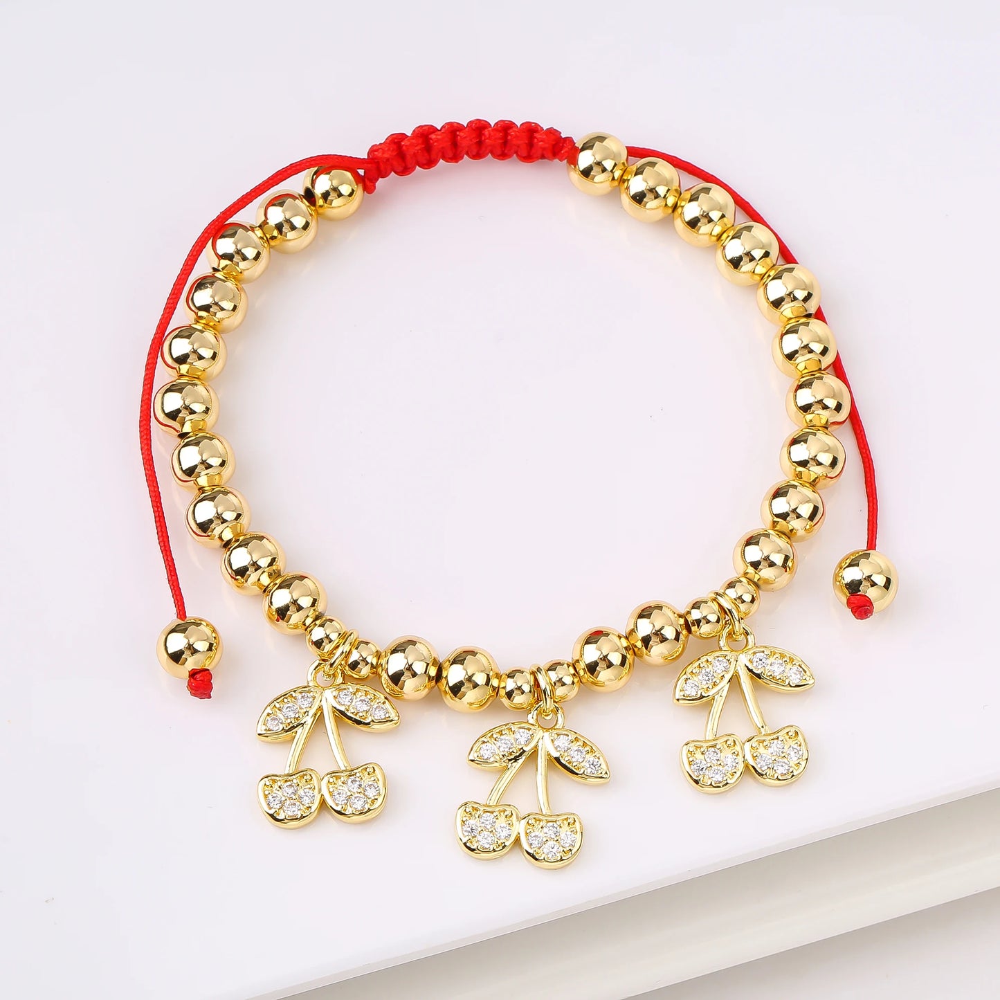 Gold Plated 6mm Copper Bead Chain Braided Fruit Cherry Crystal Adjustable Bracelet New Fashion Woman Girl Daily Wear Jewelry