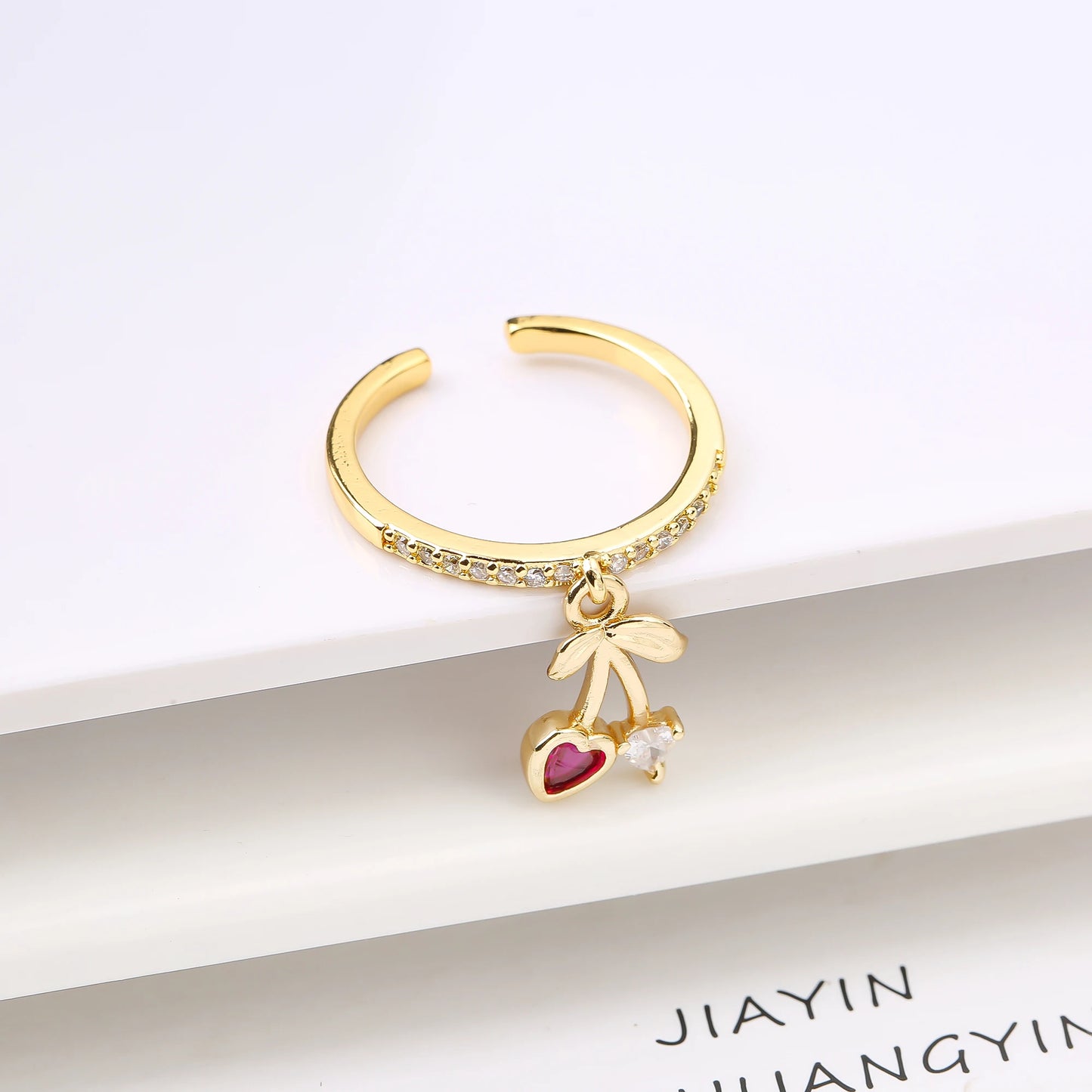 Sweet And Lovely Fruit Cherry Crystal Zirconia Opening Adjustable Ring Simple For Woman Girl Daily Party New Fashion Jewelry