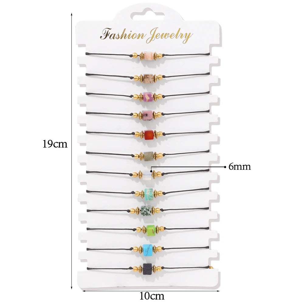 Wholesale 12Pcs/Set Colorful Natural Stone Bracelets Adjustable Rope Braided Bracelet Handmade Bohemia Bracelets with Cards