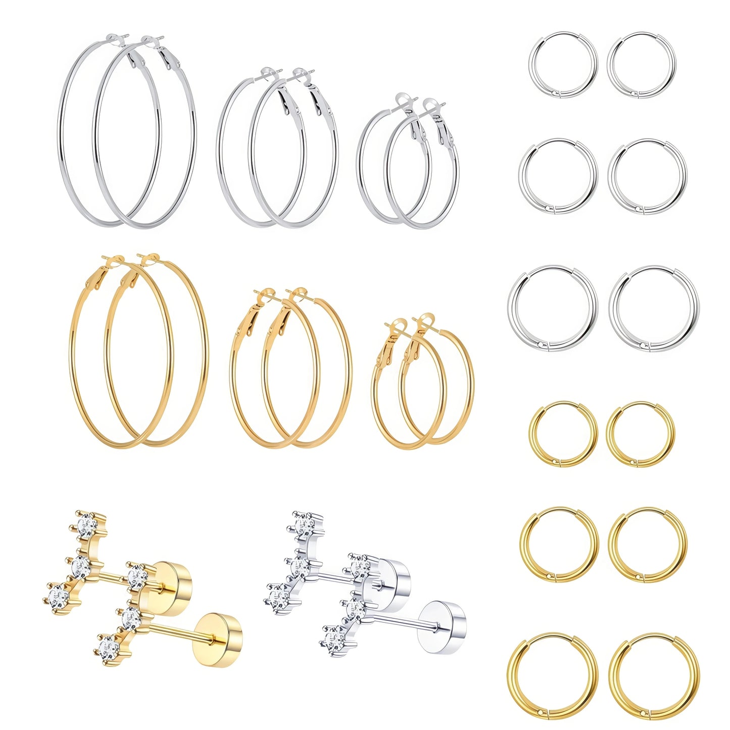 2/14 Pcs 20G Tiny Stainless Steel Screw Back Stud Earrings Set for Women, Simple Hinged Nose Rings Huggie Hoop Earring Jewelry
