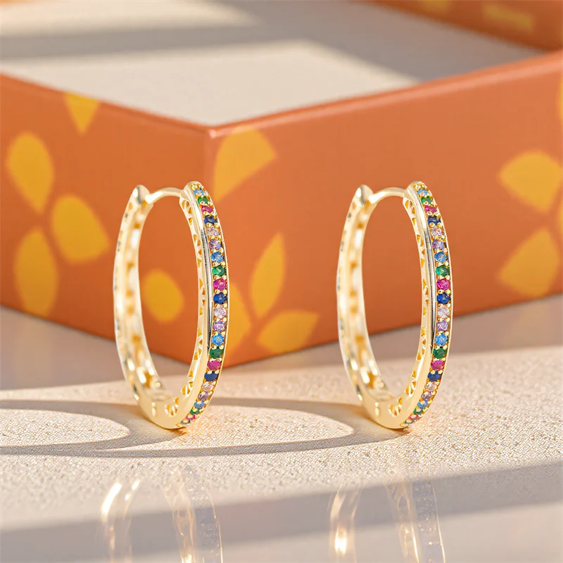 Rainbow Zircon Multicolor Stone Round Hoop Earrings For Women Gold Color Ear Buckle Daily Wedding Party Jewelry Mothers Day Gift