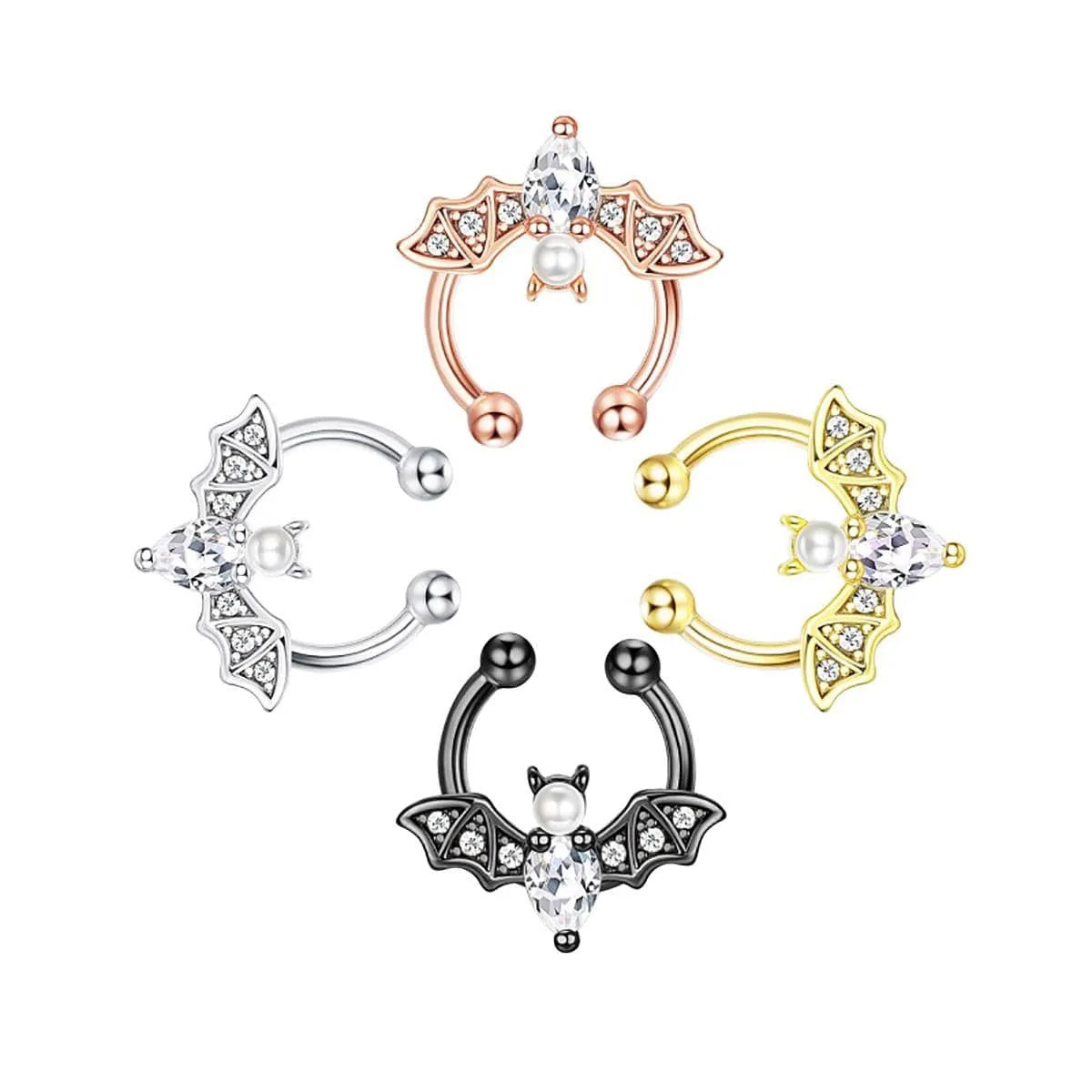 1Pc Fashion Cute Halloween Bat Fake Septum Nose Rings, Clip On Pearl Bat Septum Rings Cubic Zirconia Non Piercing Septum Jewelry