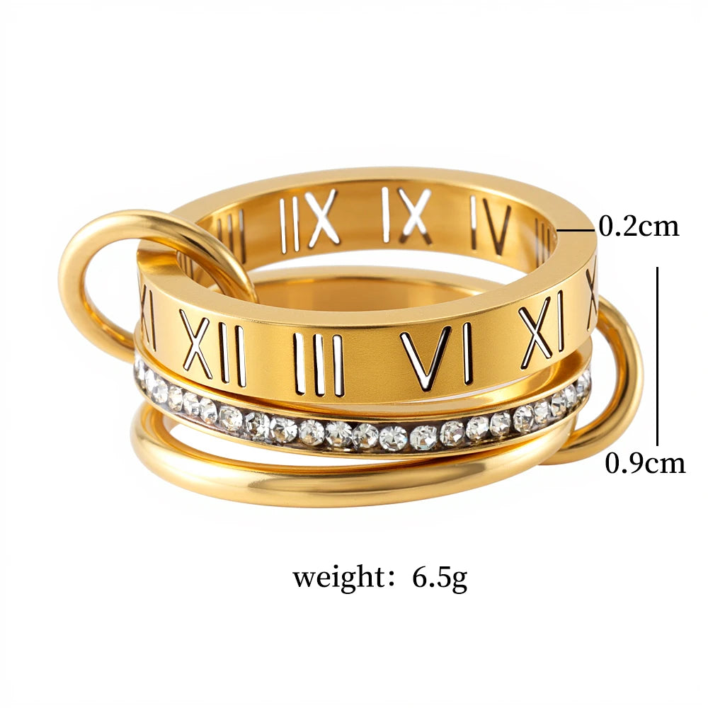 JOVO LOVE Three Layers Roman Numerals Stacking Ring for Women Stainless Steel Our Fingers Chain Shape Variable Crystal Rings