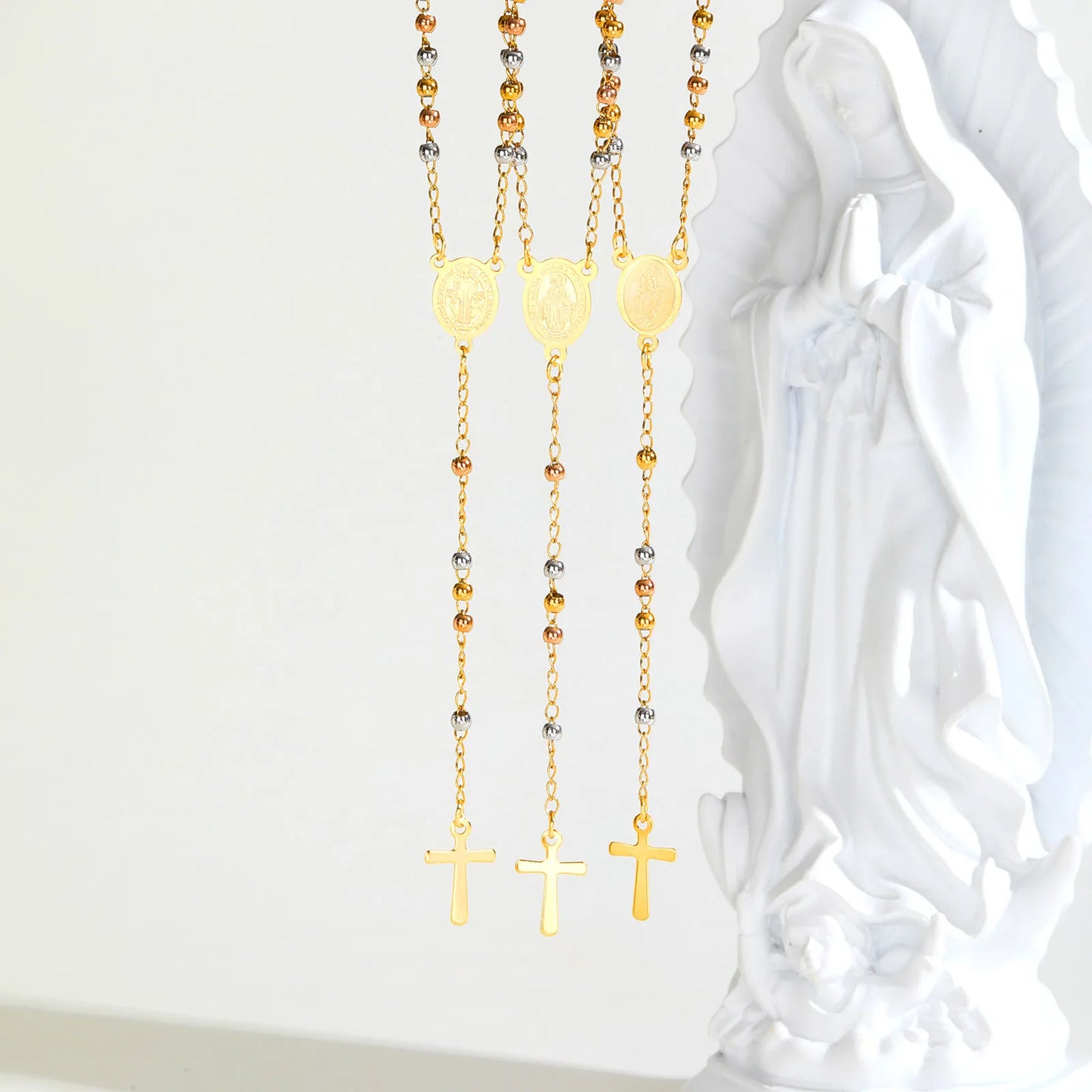 Tri-color Beaded Virgin Mary Y-shaped Necklace, Holy Spirit Cross Pendant Necklace for Women, Stainless Steel Religious Jewelry