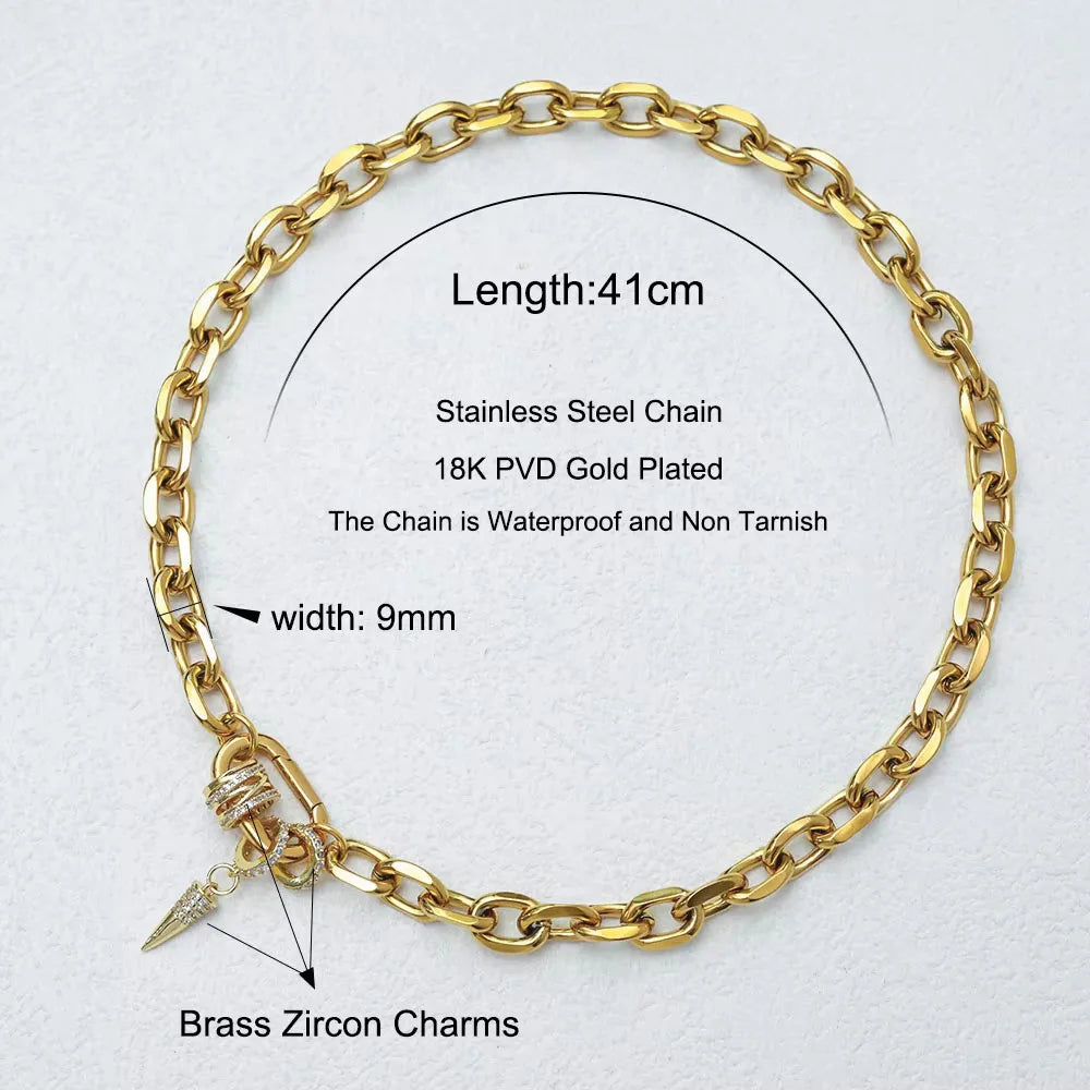 Freeshippings Item Non Tarnish Jewelry Stainless Steel 18K Gold Plated Oval Link Spring Clasp Full Zircon Charms Choker Necklace