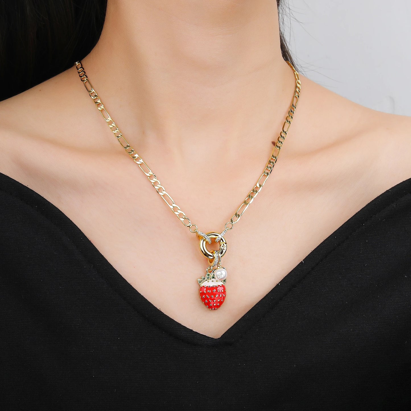 9 Color Fruit Cherry Strawberry Crystal Pendant Necklace 3:1 Chain Jewelry Lucky for Woman Casual Holiday Aesthetic Jewelry Gift