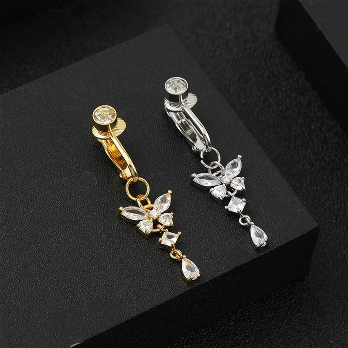 1Pc Trendy Zircon Butterfly Shape Clip On Belly Button Ring,Belly Fake Piercing Navel Body Jewelry Suitable Daily Vacation Wear