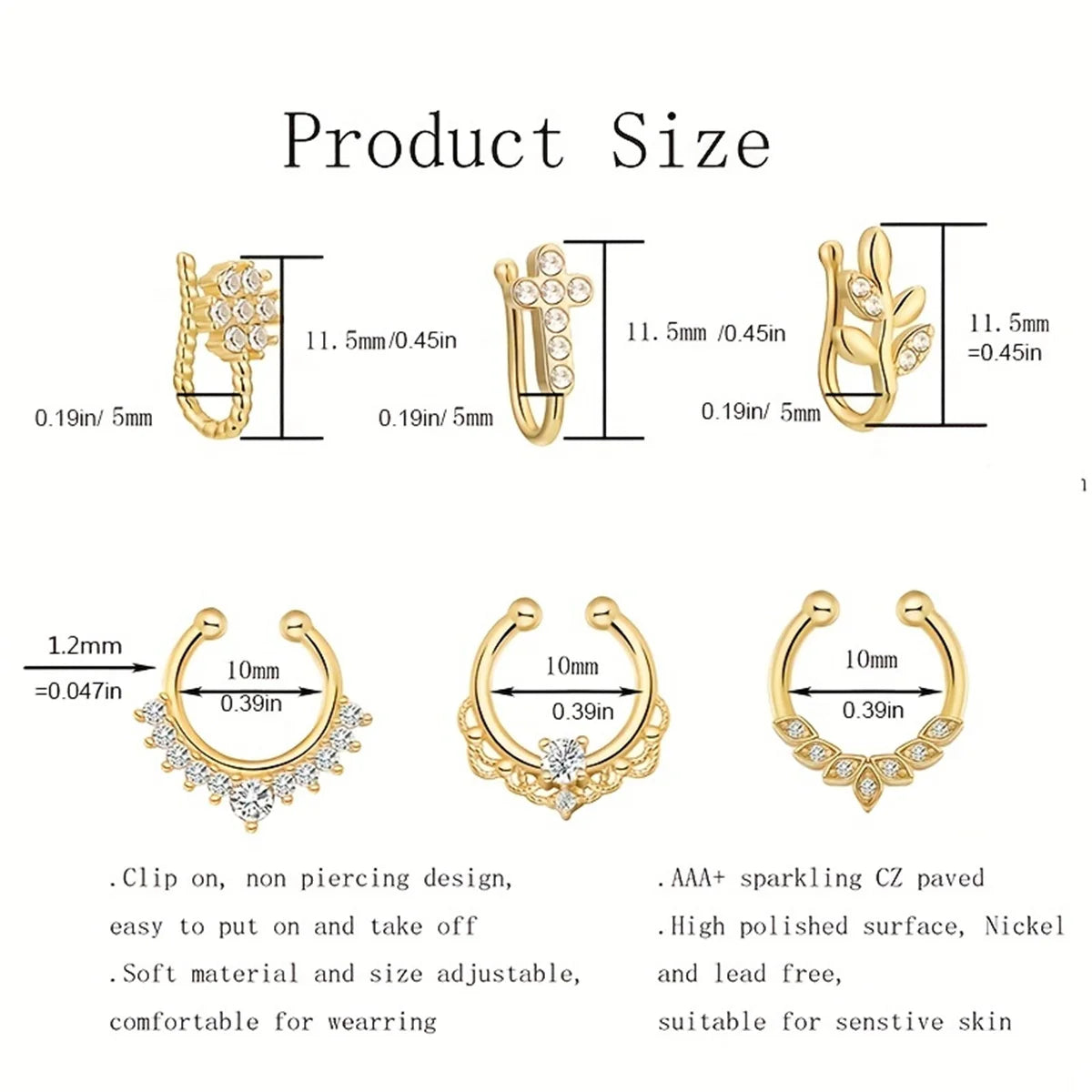 3/6pcs 16G 316L Stainless Steel Bat Fake Septum Ring,Non-Pierced Fake Nose Rings Clip On Nose Hoop Faux Septum Piercing Jewelry