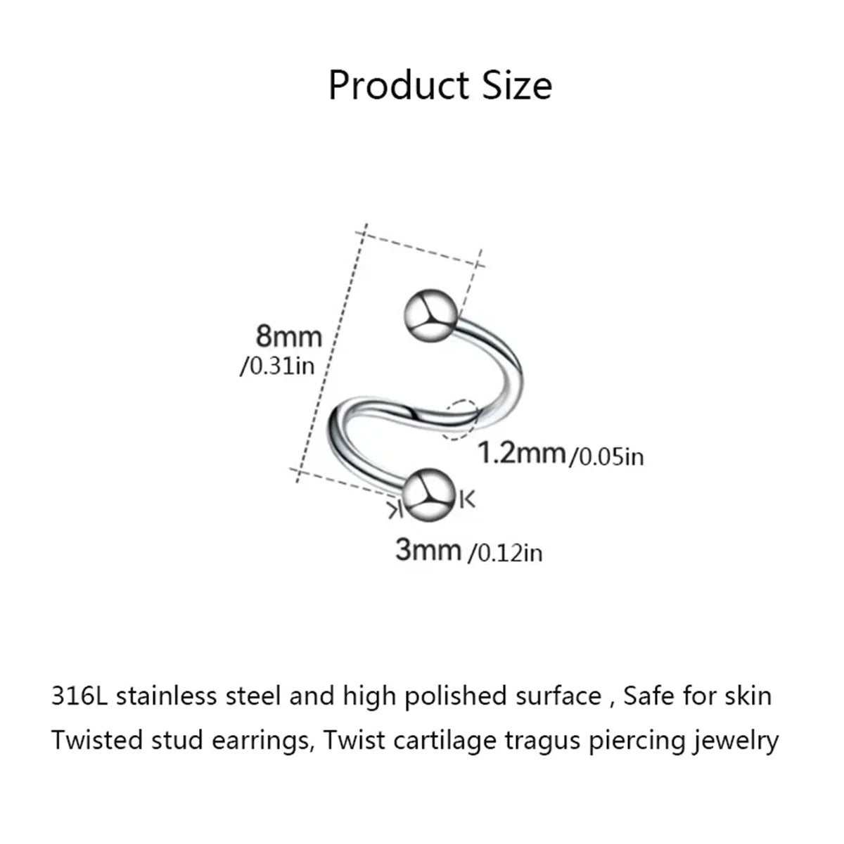 2pcs Stainless Steel Twist Love Heart Star Stud Earrings,S Shape Hypoallergenic Daith Helix Ear Cartilage Tragus Piercing Gift