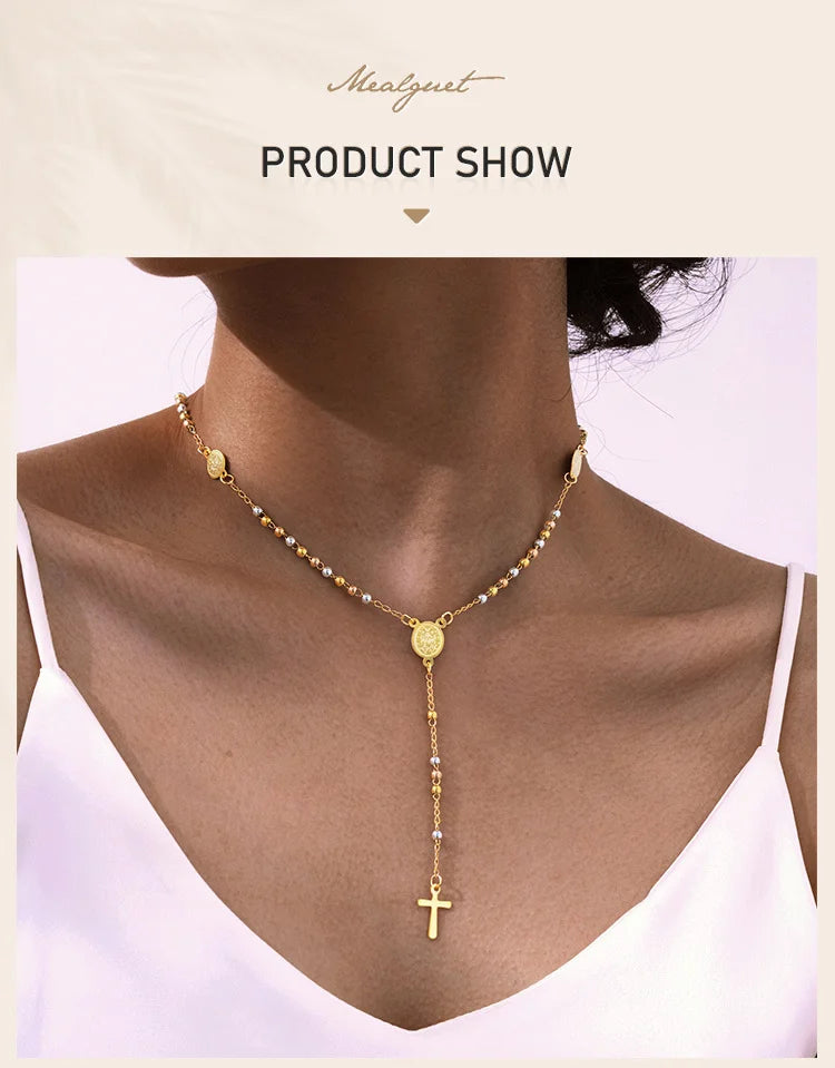 Beads Rosary Necklace Cross Pendant For Women,virgin Mary St Benedict Y Shape Drop Necklace, Protection Jewelry