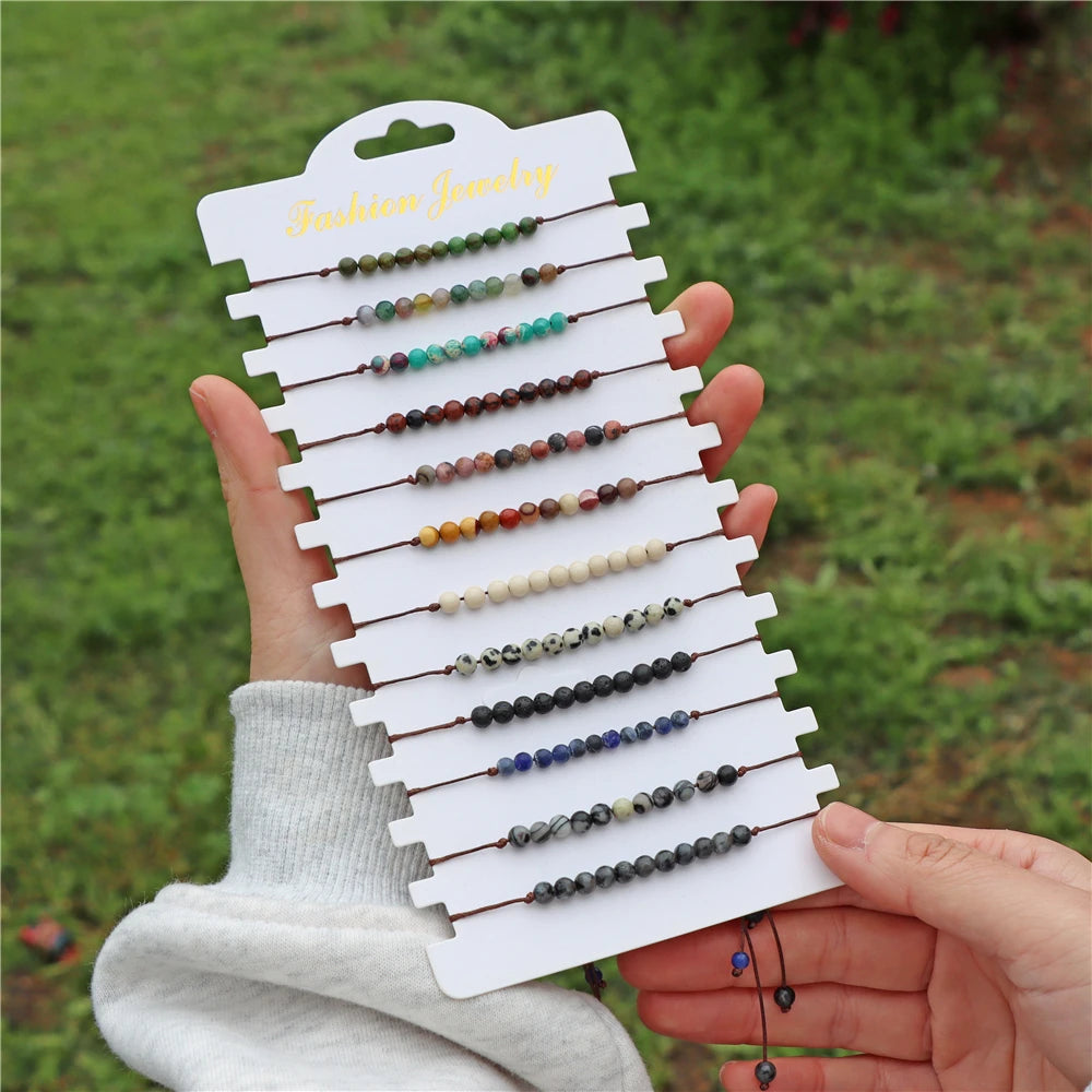Wholesale 12Pcs/Set Colorful Natural Stone Bracelets Adjustable Rope Braided Bracelet Handmade Bohemia Bracelets with Cards